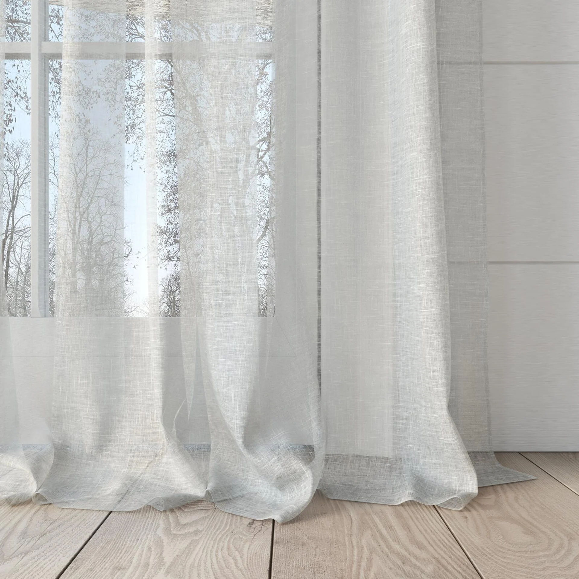 Bottom view of Pure Linen Cream, puddled, on curtain rod