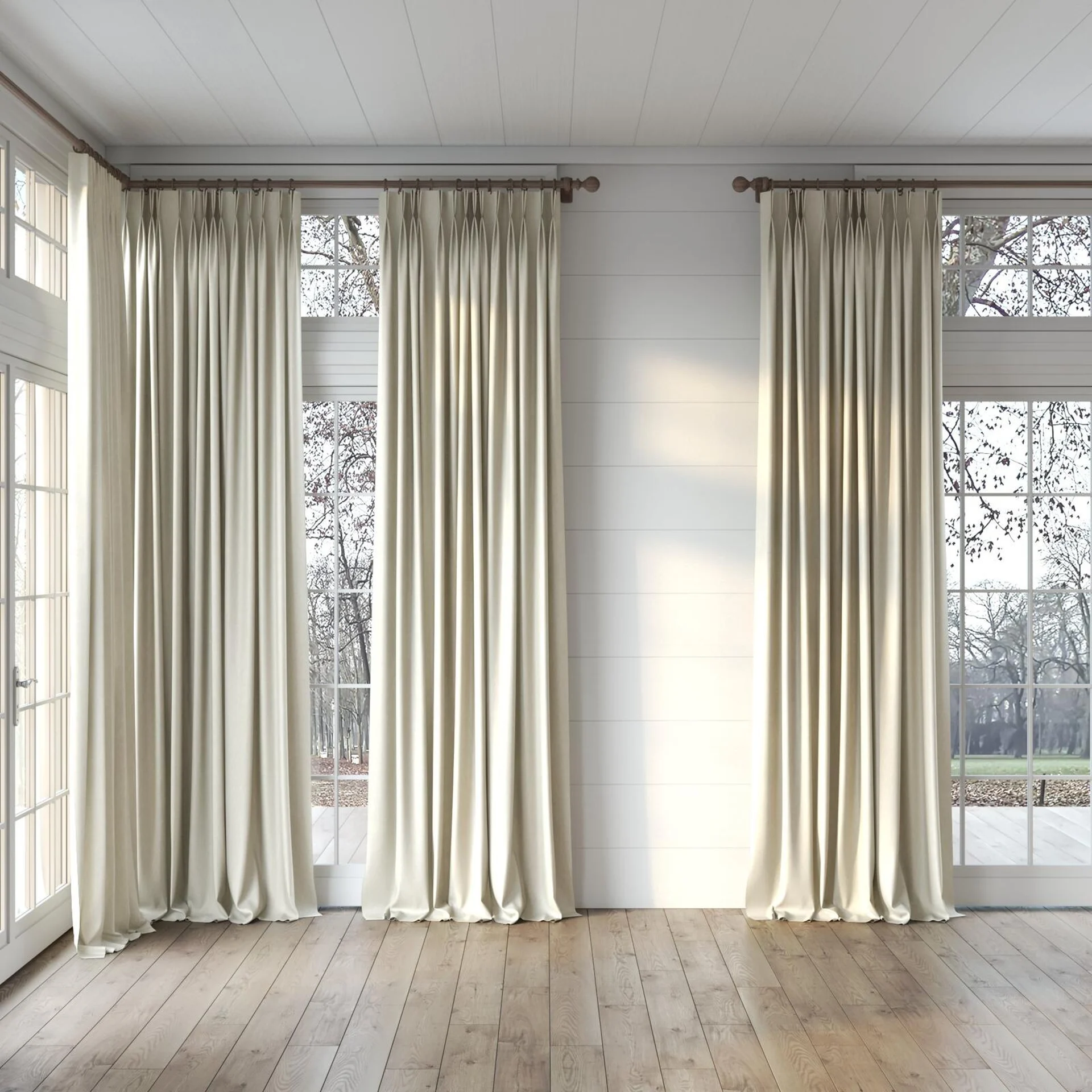 Full view of Glamour Plaza, puddled, on curtain rod