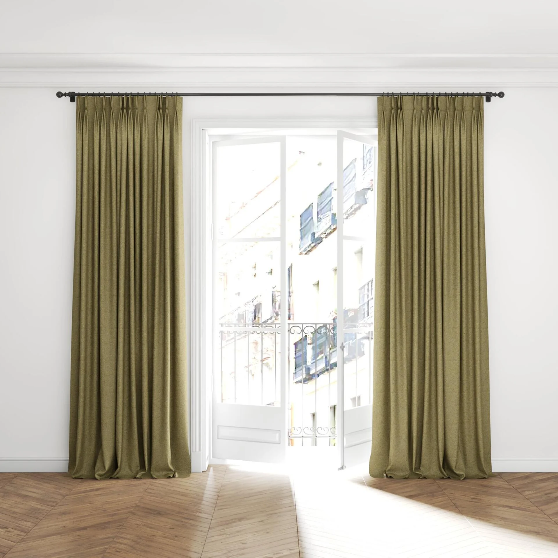 Full view of Bora Bora Seagrass, puddled with pinch pleat, on curtain rod