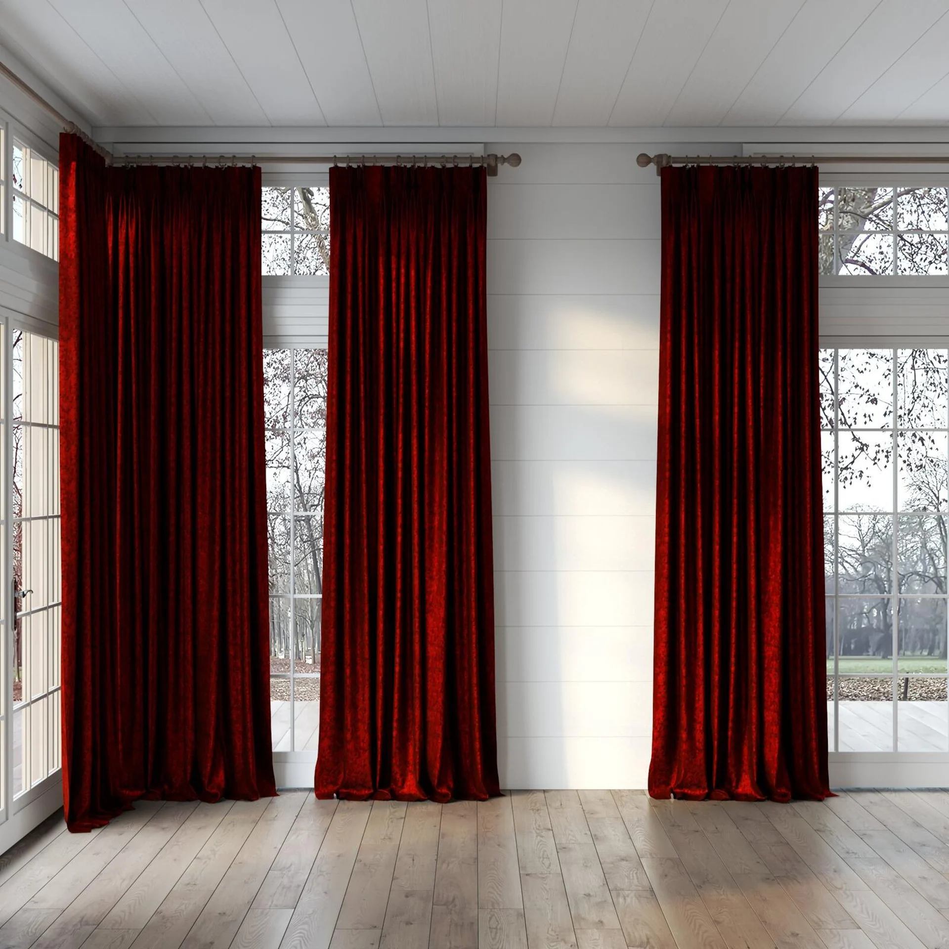 Full view of Opera Berry, puddled, on curtain rod