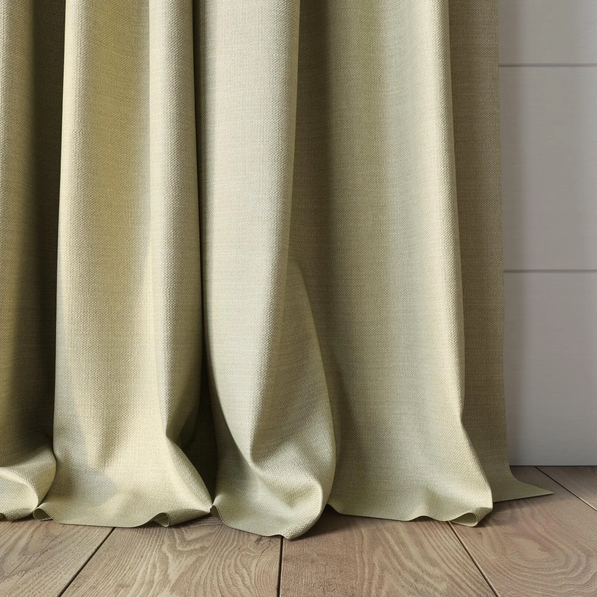 Bottom view of Linex Linen, puddled, on curtain rod