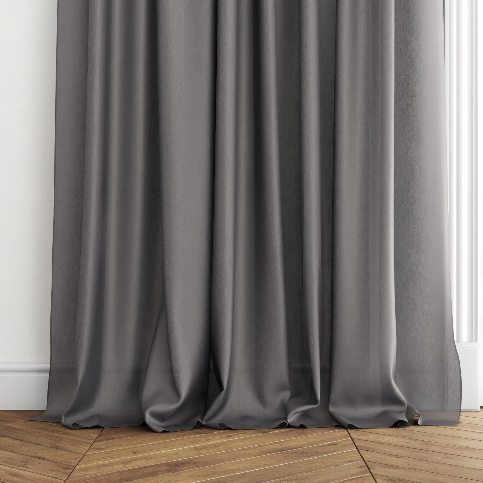 Bottom view of Malaga Charcoal, puddled with pinch pleat, on curtain rod