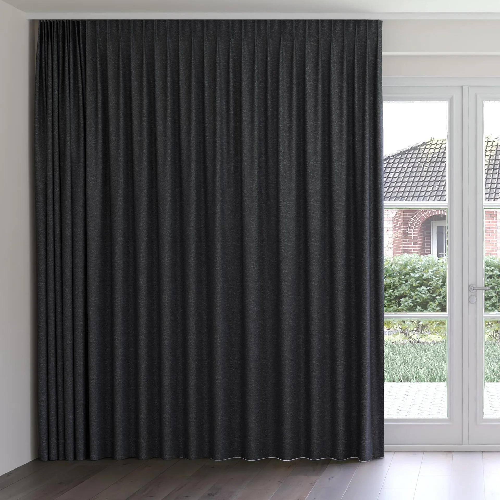 Front view of Bora Bora Soot, on curtain rail