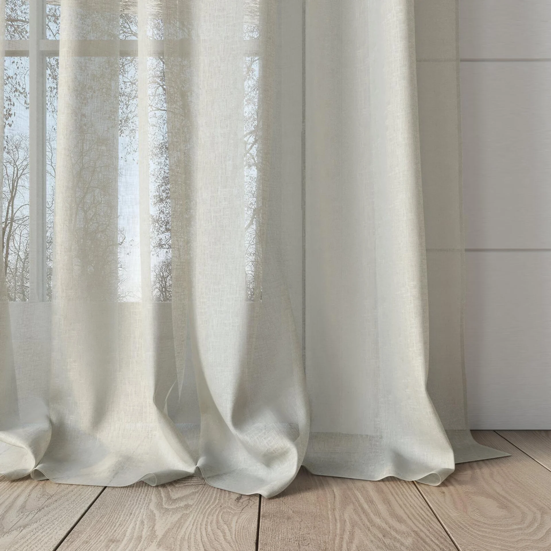 Bottom view of Reverie Parchment, puddled, on curtain rod