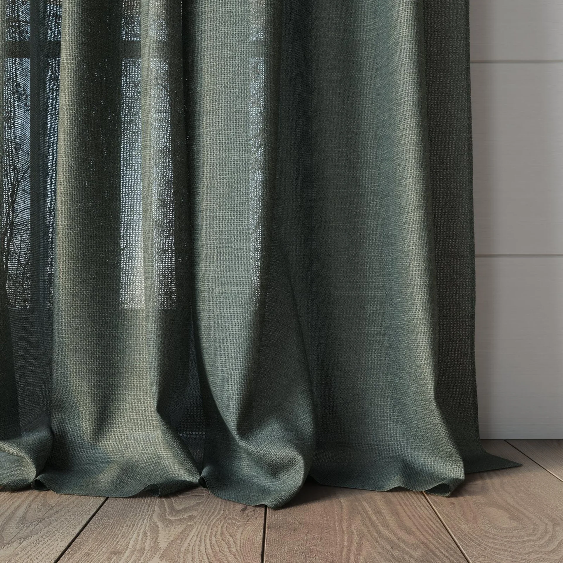 Bottom view of Focus Forest, puddled, on curtain rod