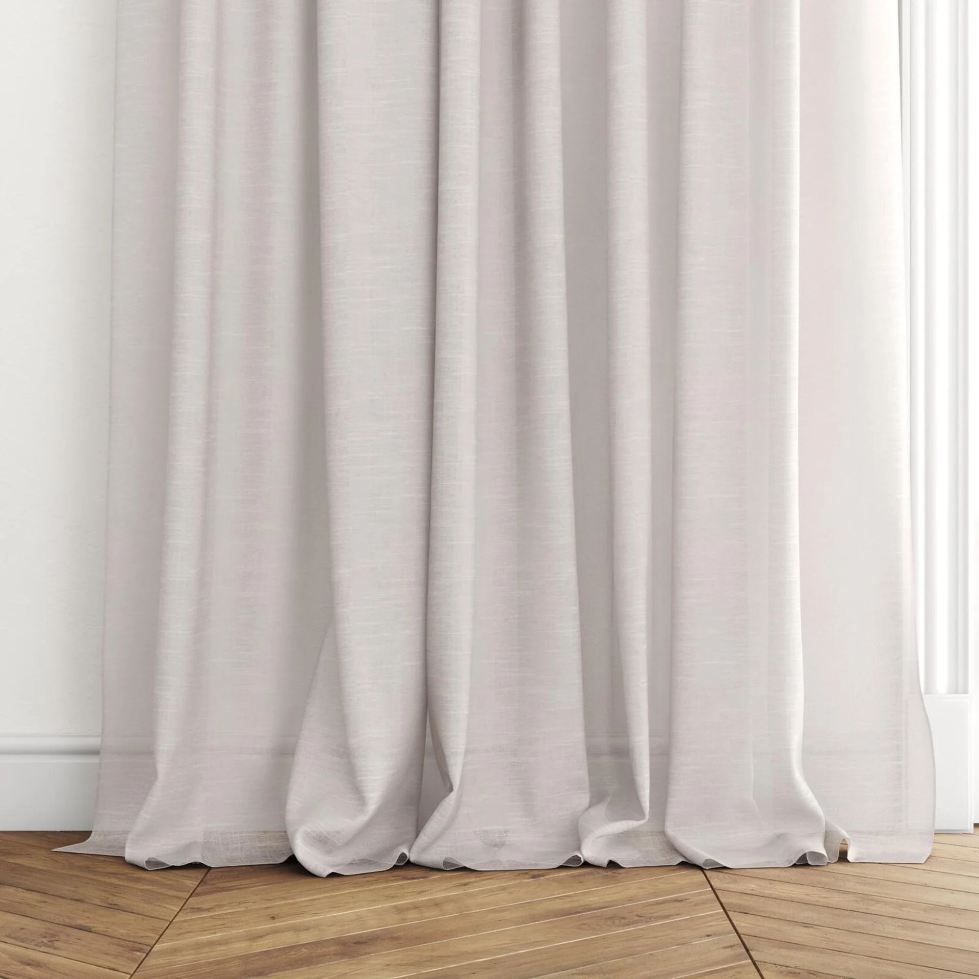 Bottom view of Angelic Whisper, puddled with pinch pleat, on curtain rod