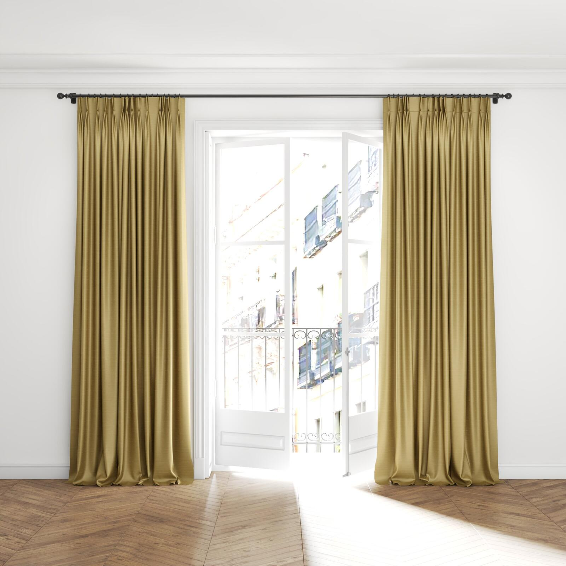 Full view of Silky Tinsel, puddled with pinch pleat, on curtain rod