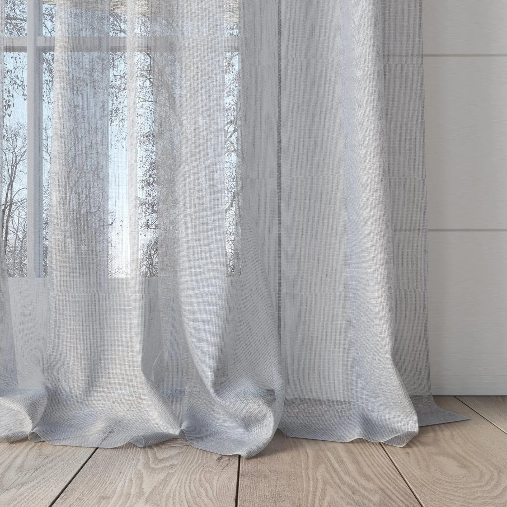 Bottom view of Seaview Silver Birch, puddled, on curtain rod
