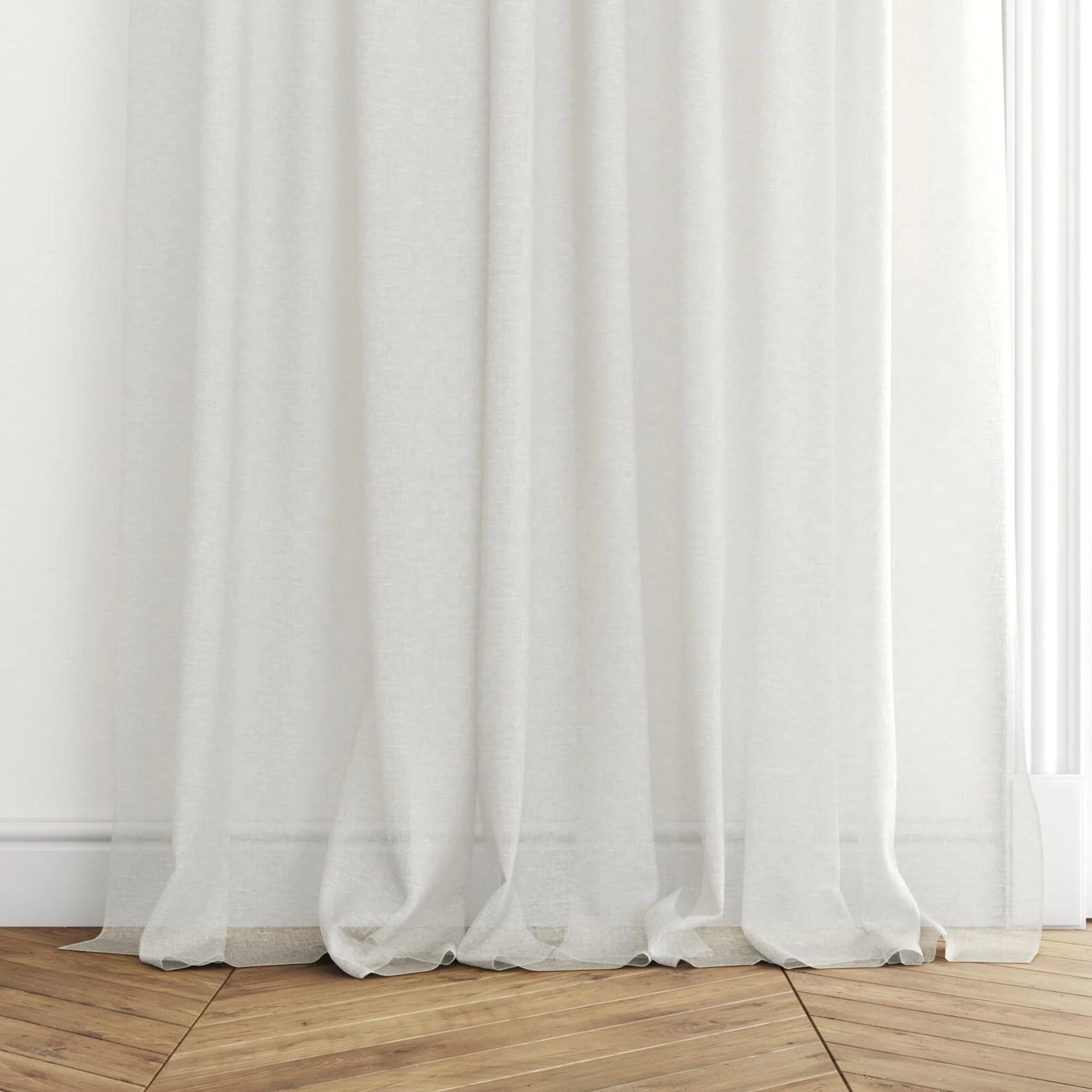 Bottom view of Lilian Pure, puddled with pinch pleat, on curtain rod