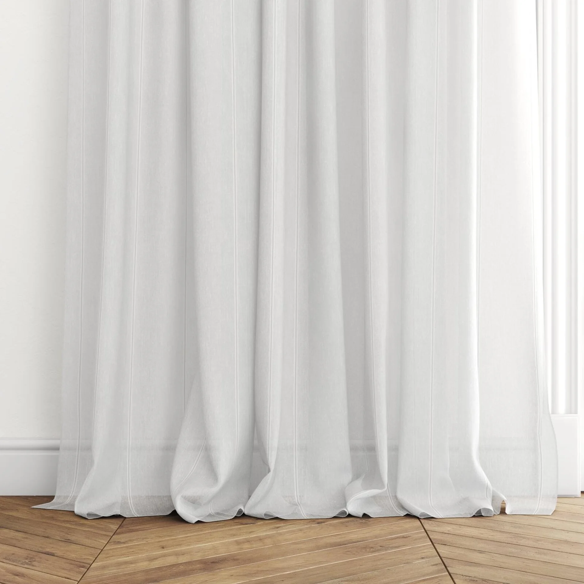Bottom view of Longitude FR Chalk, puddled with pinch pleat, on curtain rod