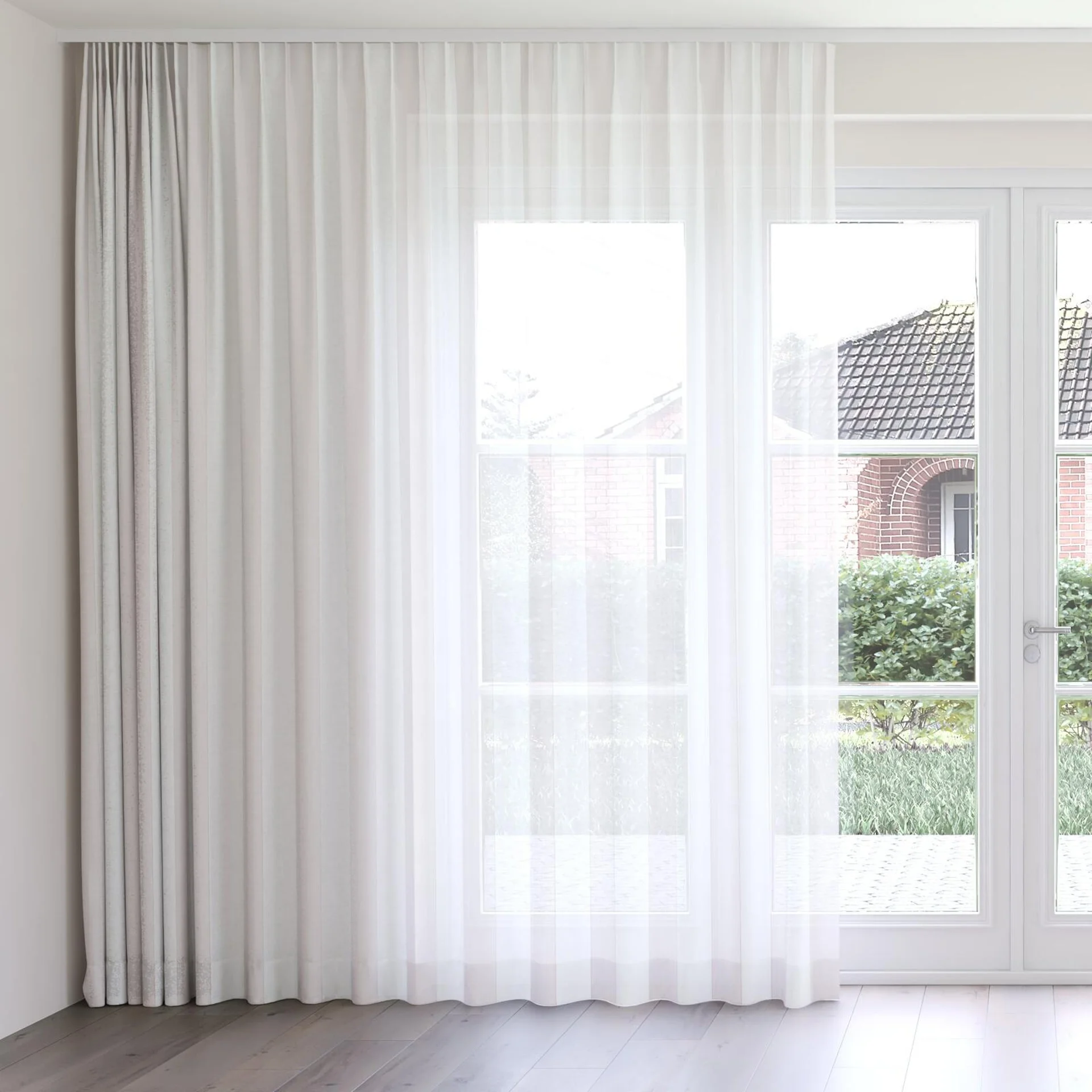 Front view of Kyoto Stripe Powder, on curtain rail
