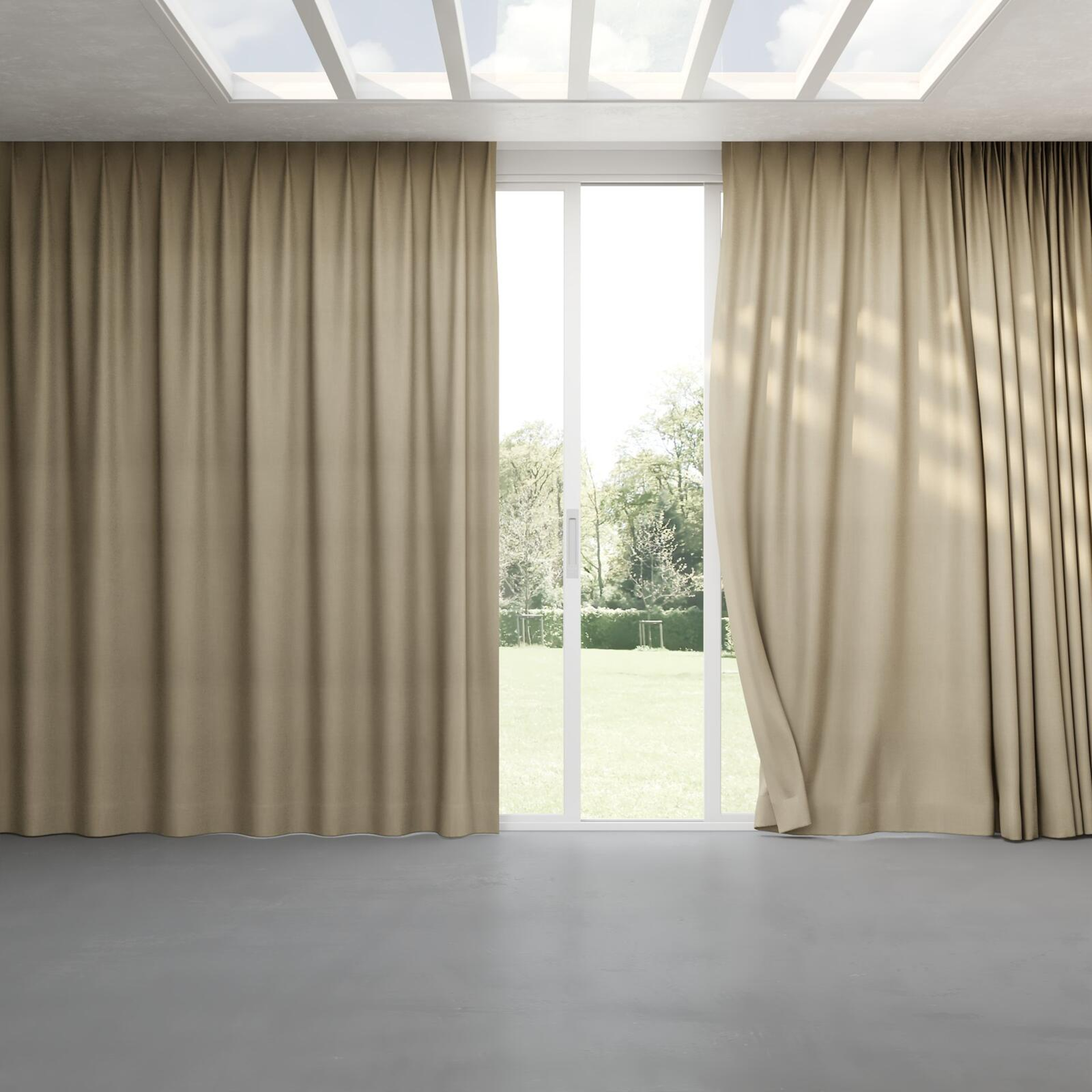 Full view of Loci Dim Out Greige, pinch pleat