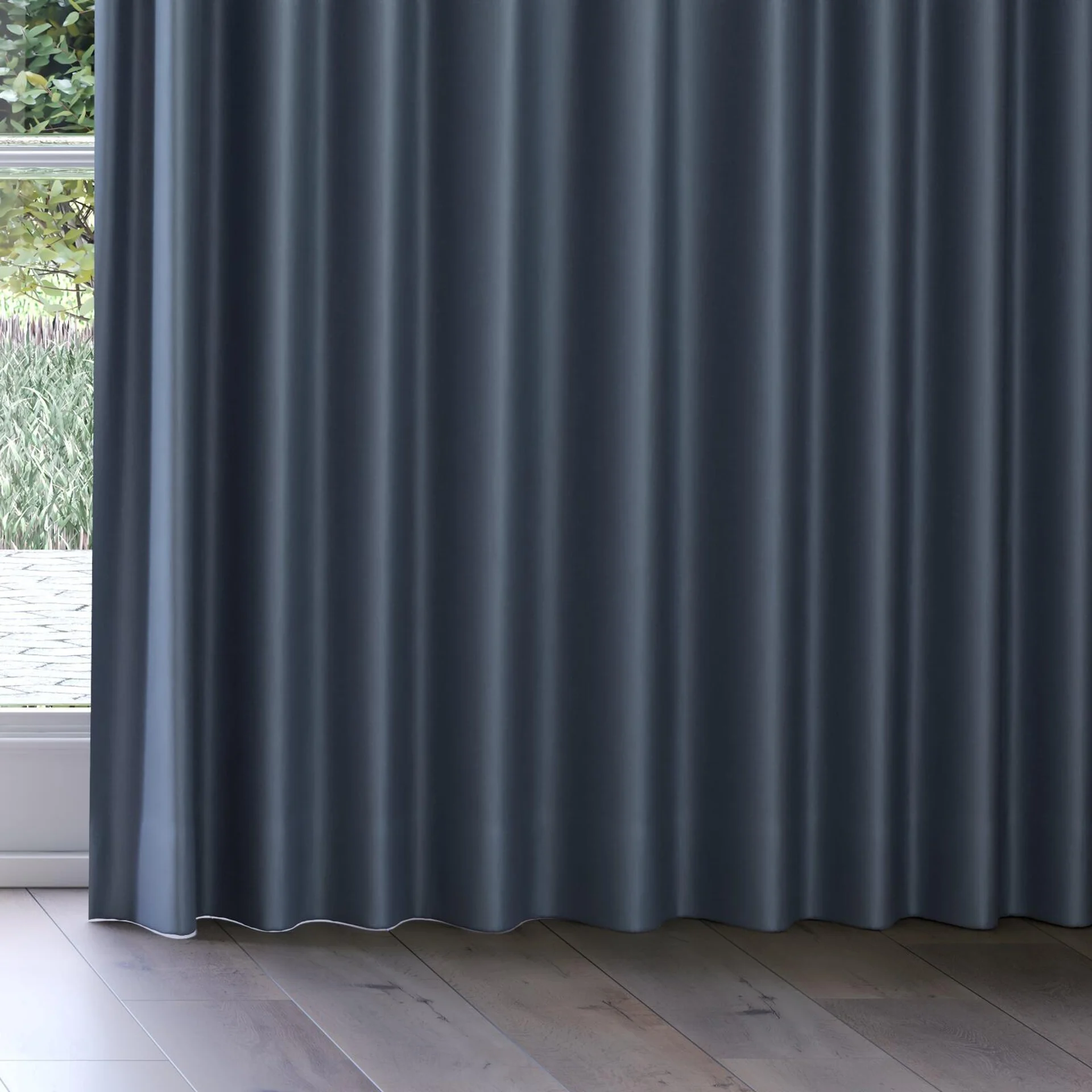 Bottom view of Linen Indigo, on curtain rail