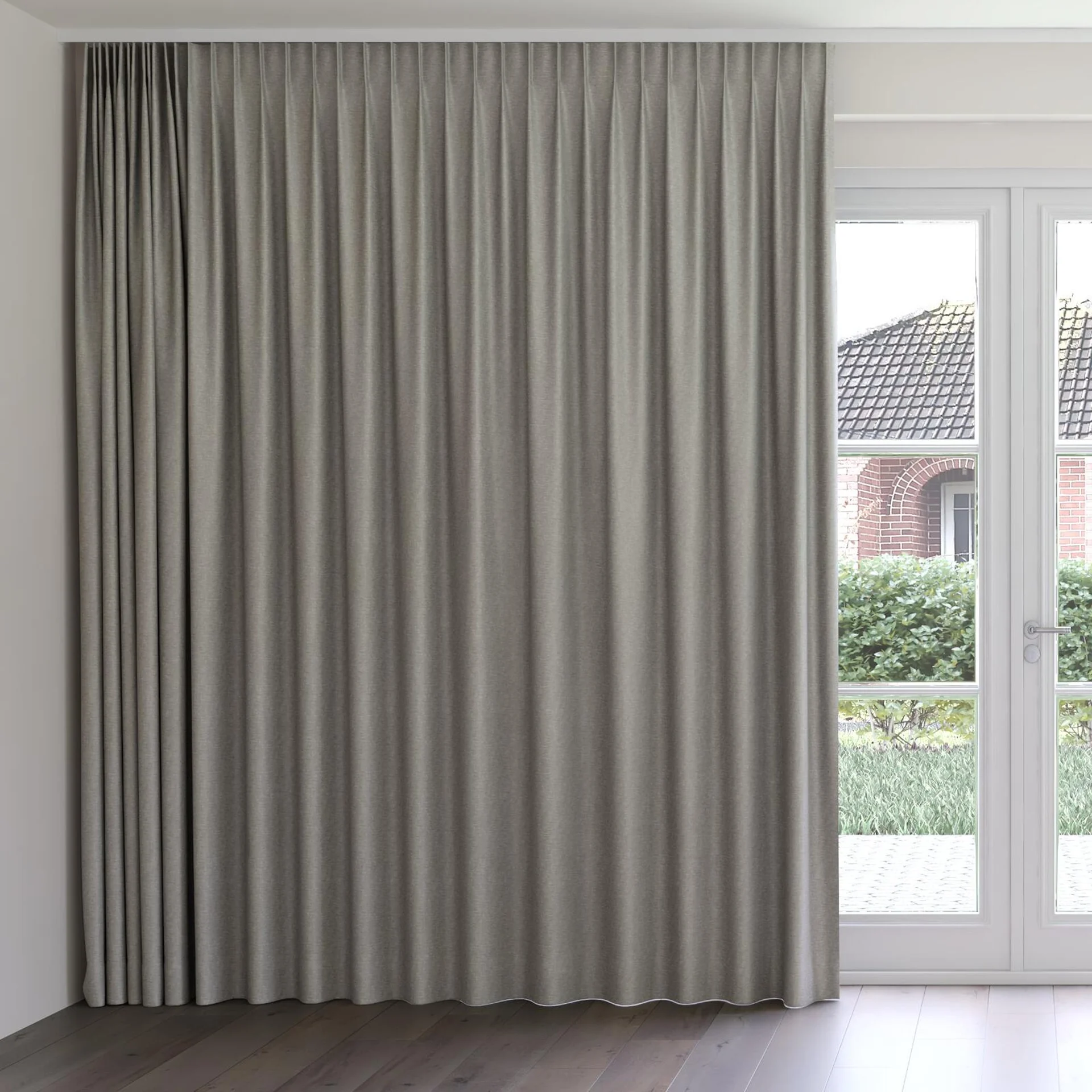 Front view of Glamour Liquorice, on curtain rail
