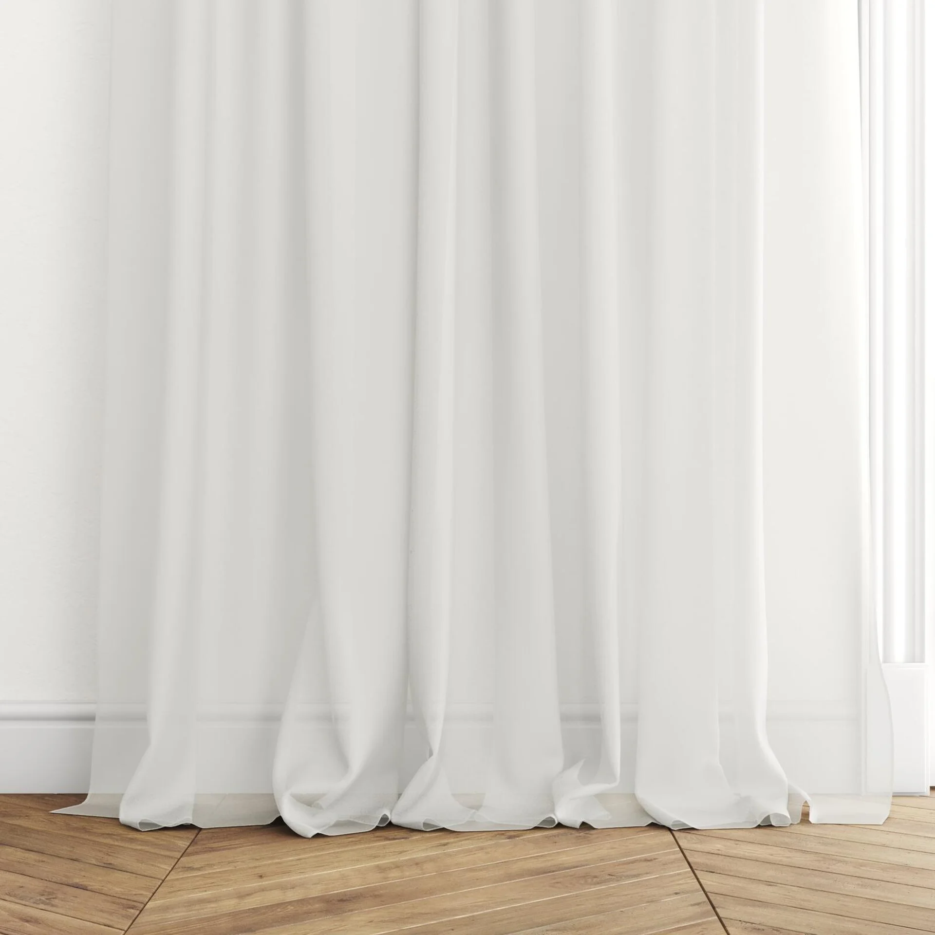 Bottom view of Zine Flax, puddled with pinch pleat, on curtain rod