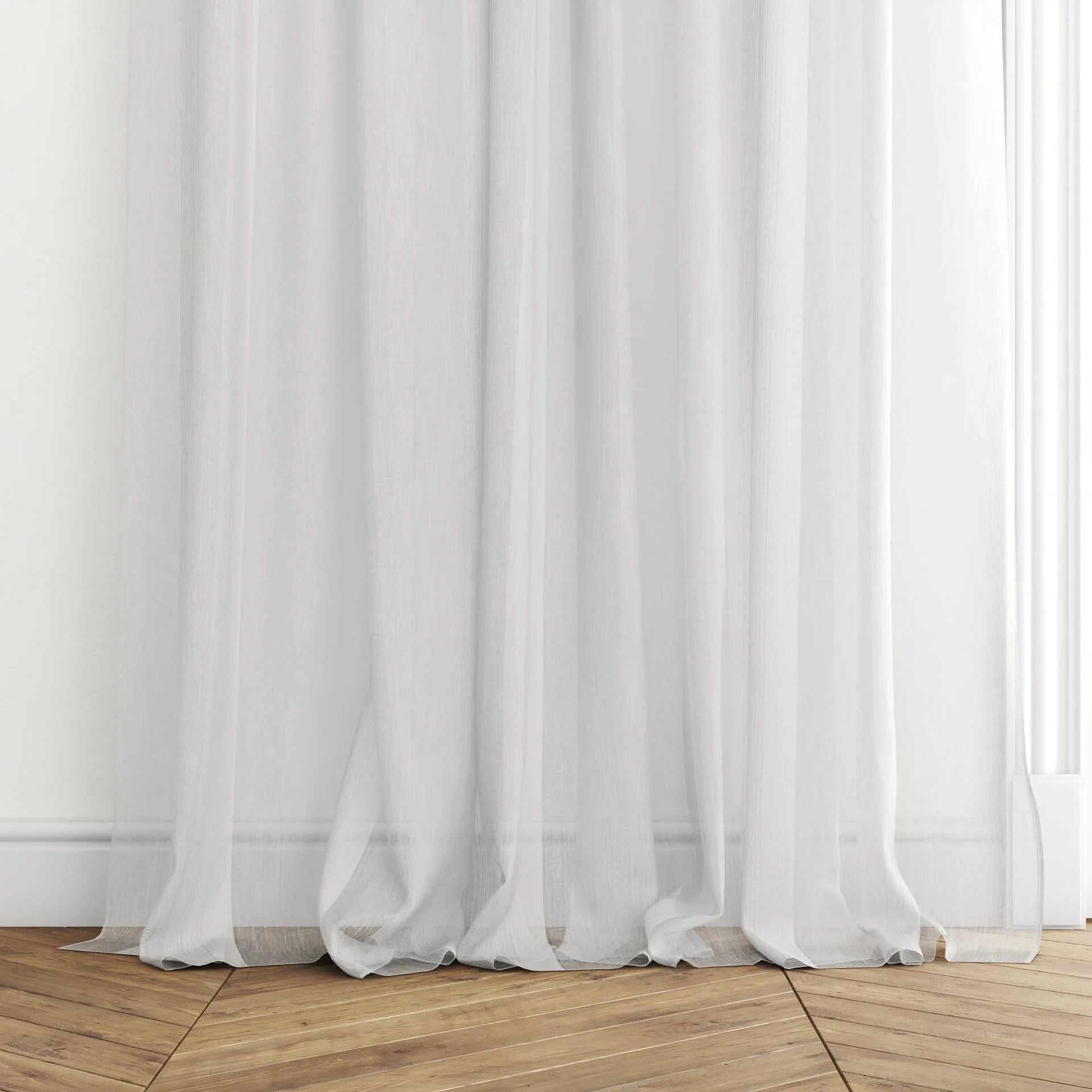 Bottom view of Emerge Cloud, puddled with pinch pleat, on curtain rod