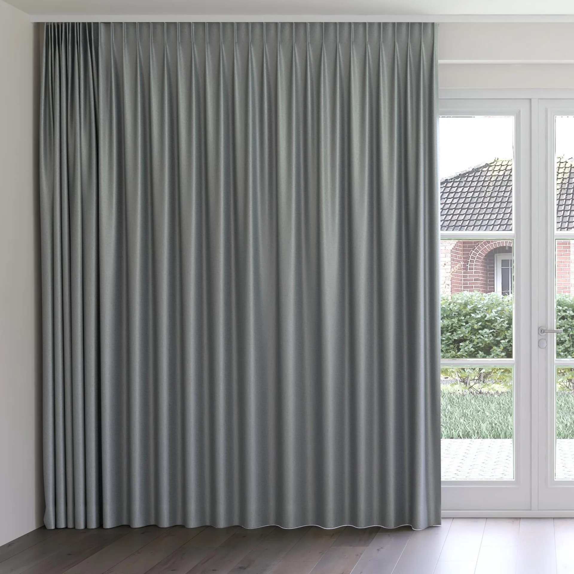Front view of Kennedy II Blackout Slate, on curtain rail