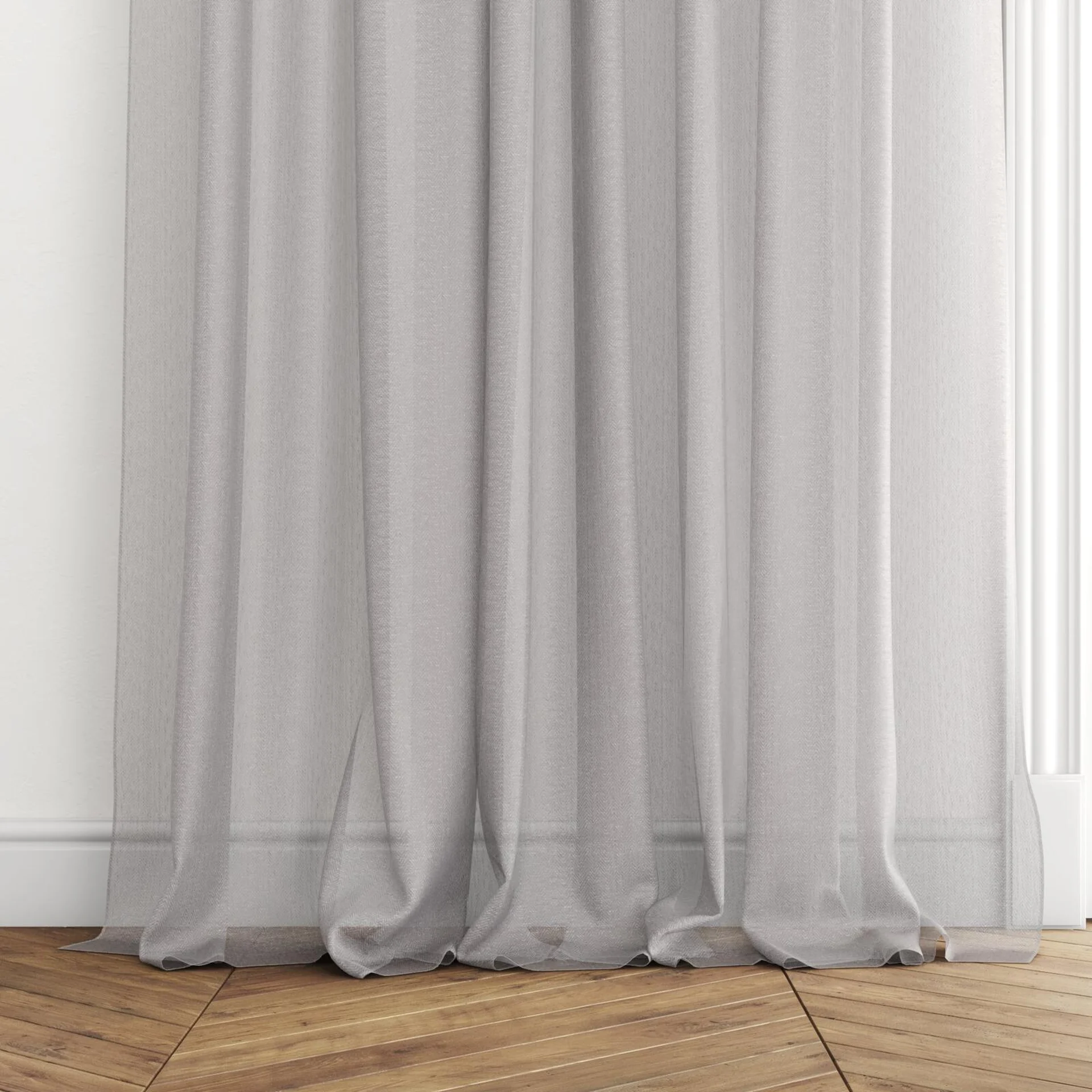 Bottom view of Hugo Steel, puddled with pinch pleat, on curtain rod