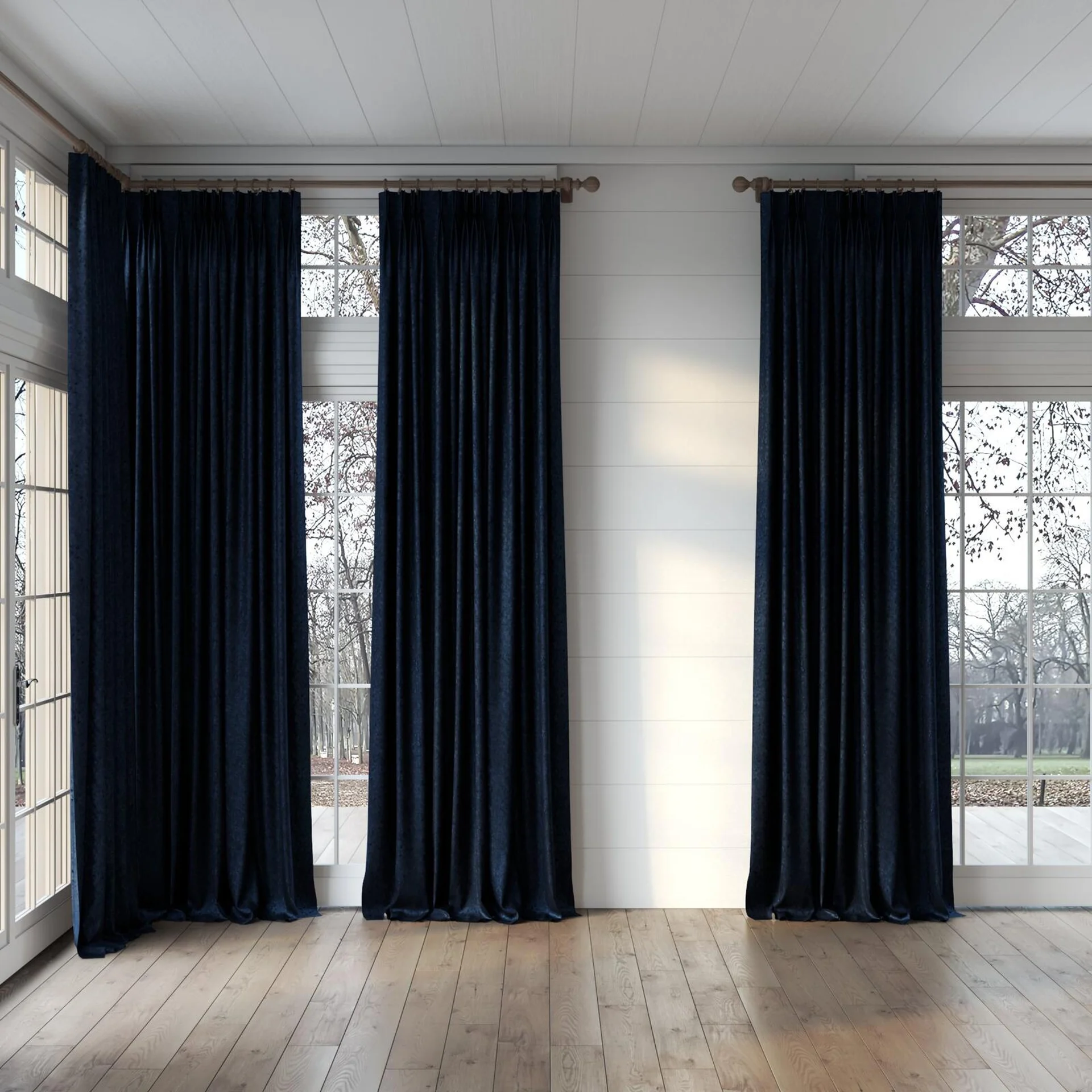 Full view of Opera Cobalt, puddled, on curtain rod