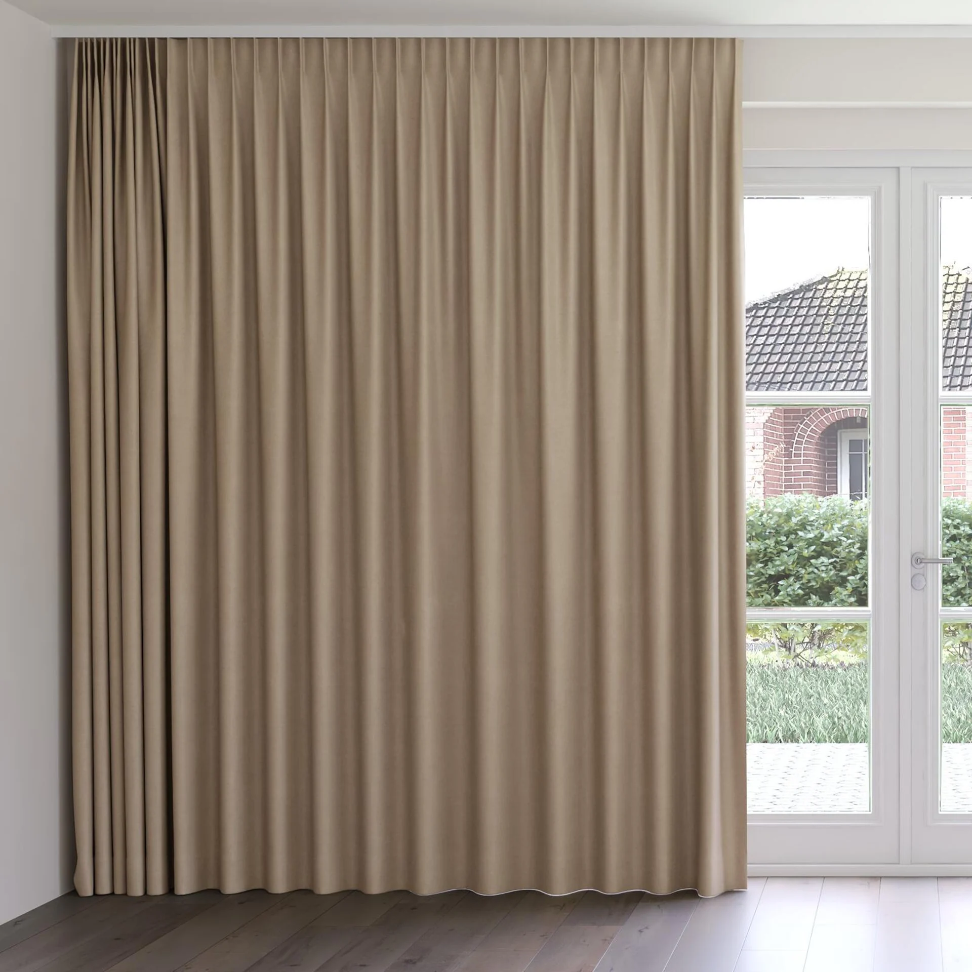 Front view of Peak Taupe, on curtain rail