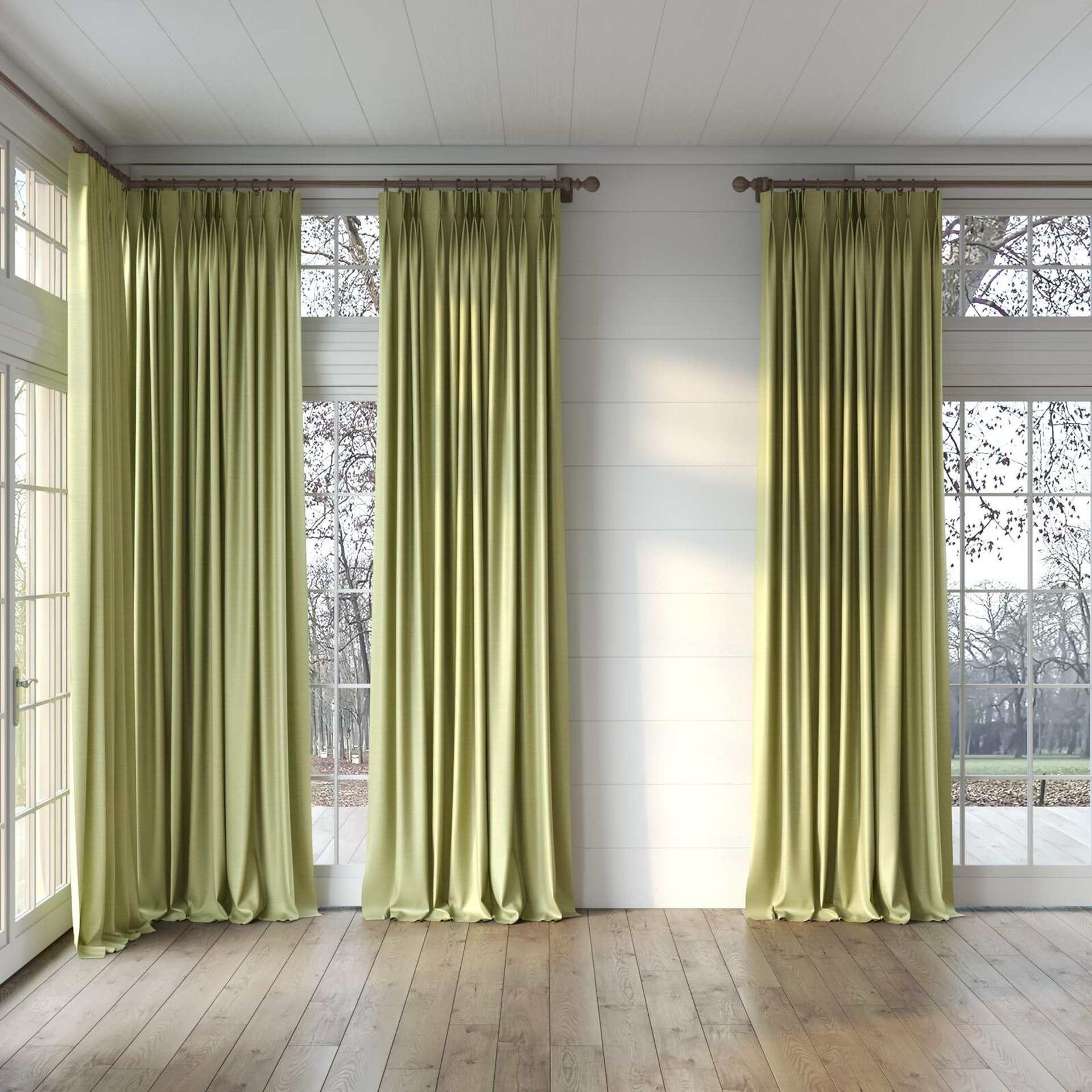 Full view of Silky Pistachio, puddled, on curtain rod
