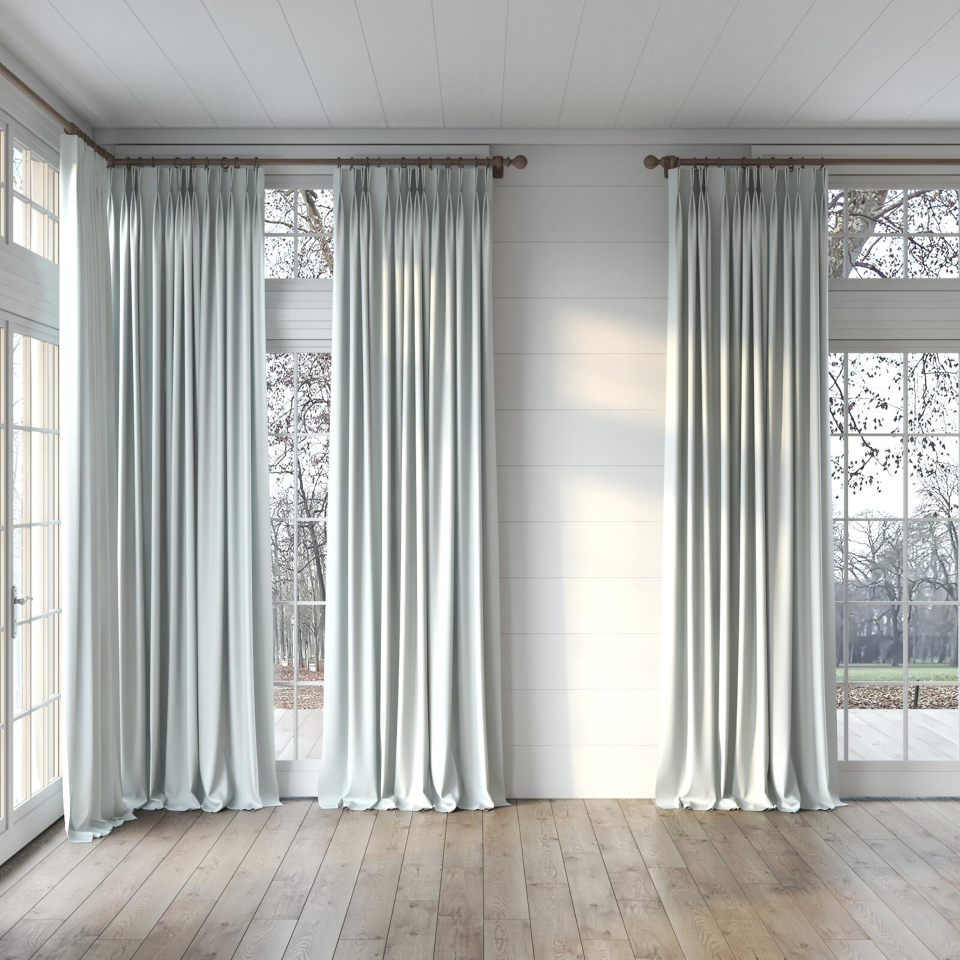 Full view of Woolskin Silver, puddled, on curtain rod