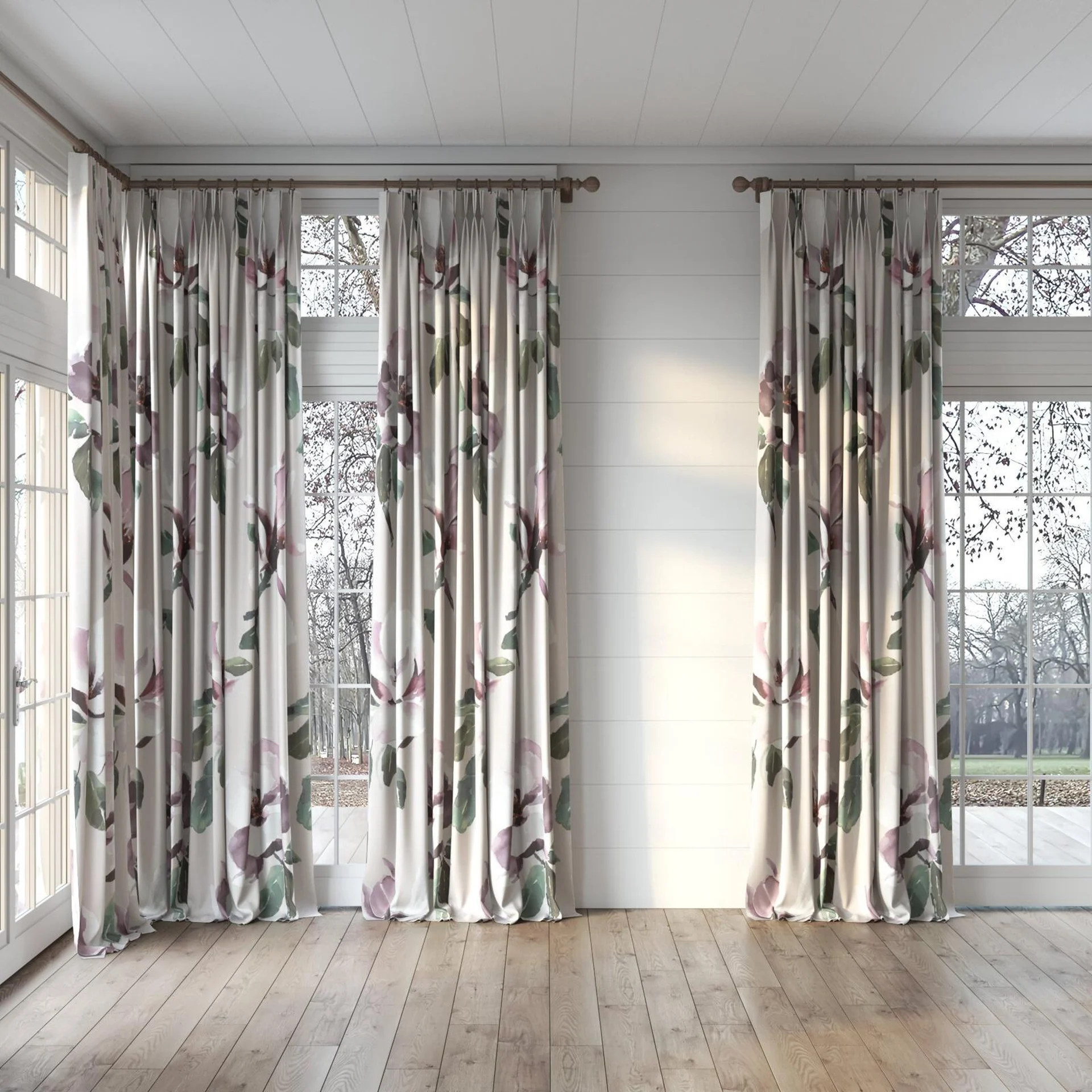 Full view of Magnolia Grandiflora Amethyst, puddled, on curtain rod