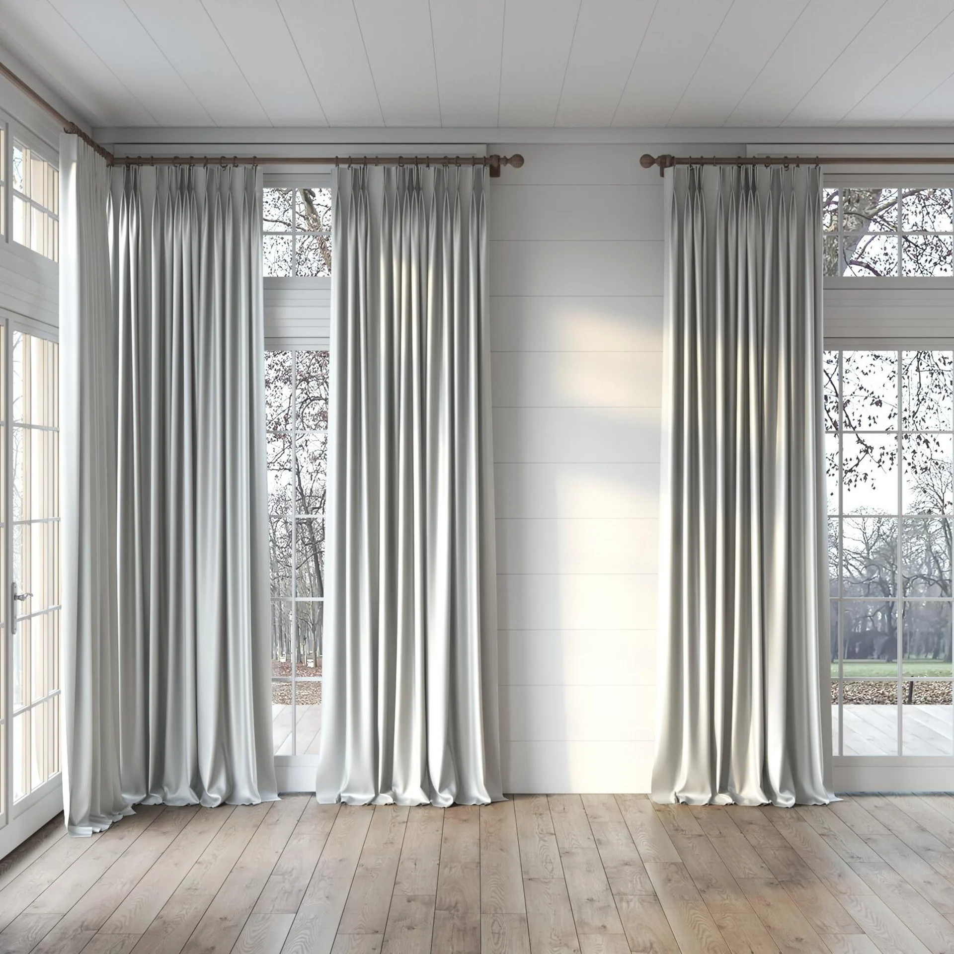 Full view of Sleek Silver, puddled, on curtain rod