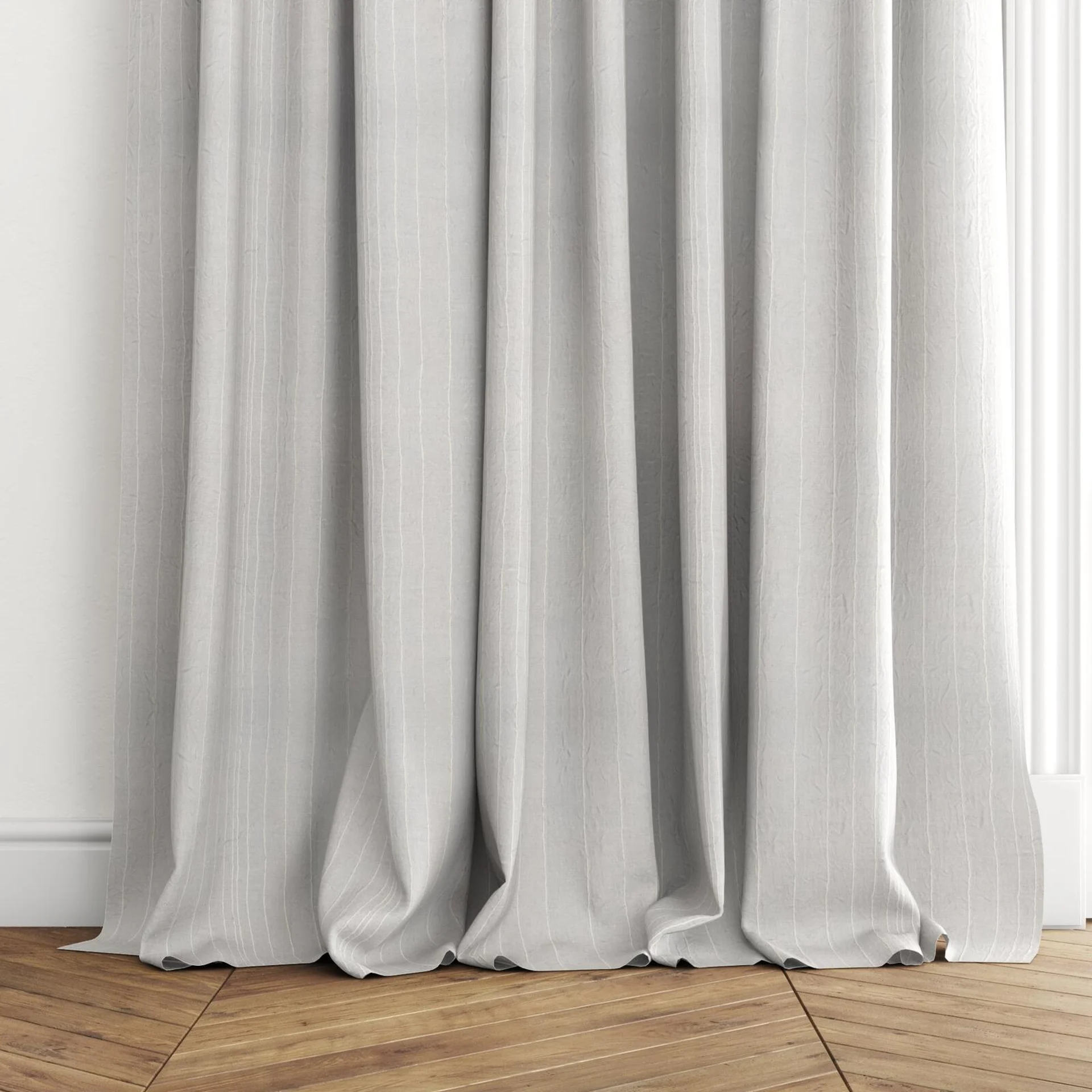 Bottom view of Mira Birch, puddled with pinch pleat, on curtain rod