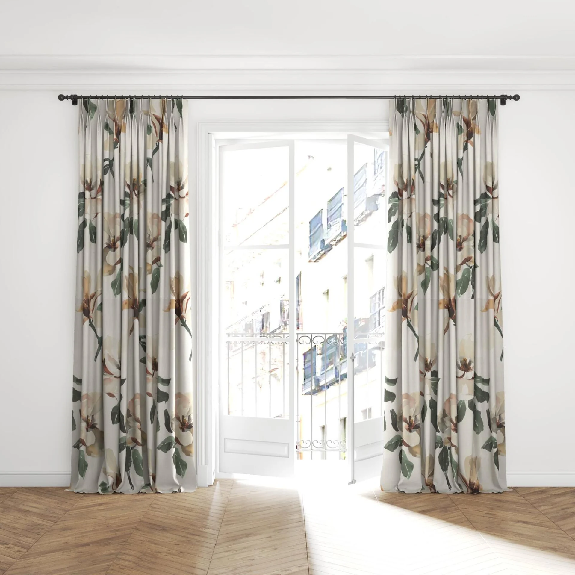 Full view of Magnolia Grandiflora Cayenne, puddled with pinch pleat, on curtain rod