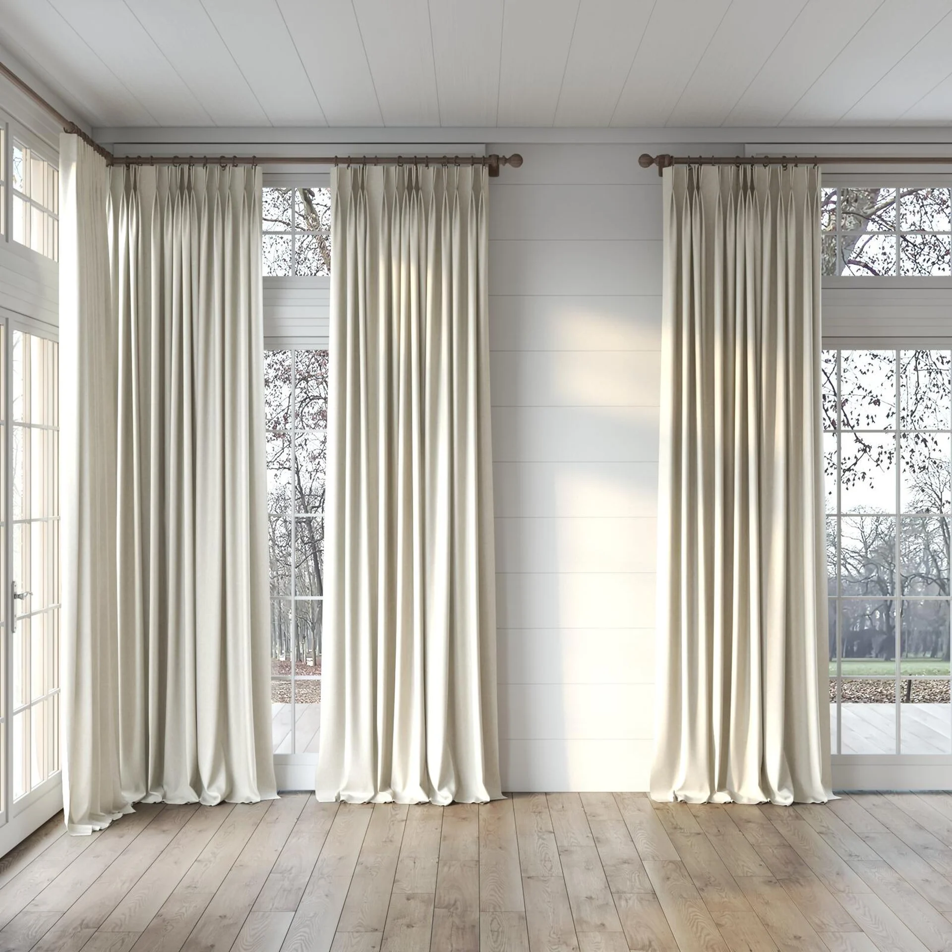 Full view of Hometown Hemp, puddled, on curtain rod