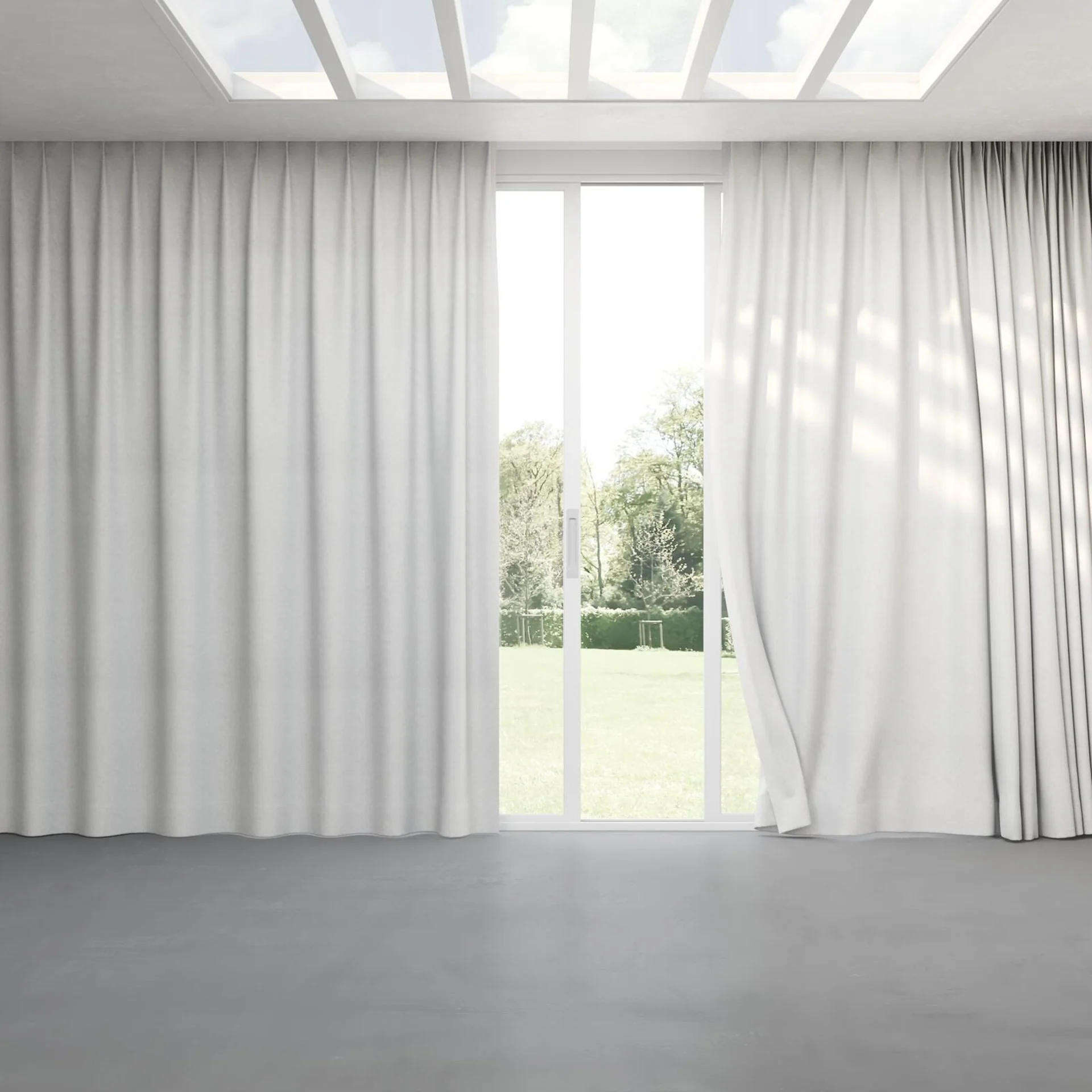 Full view of Liberate Fog, pinch pleat