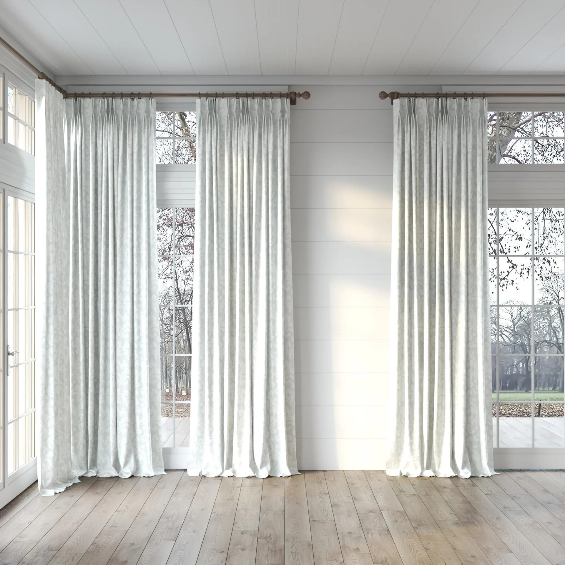 Full view of Juleste Silver, puddled, on curtain rod