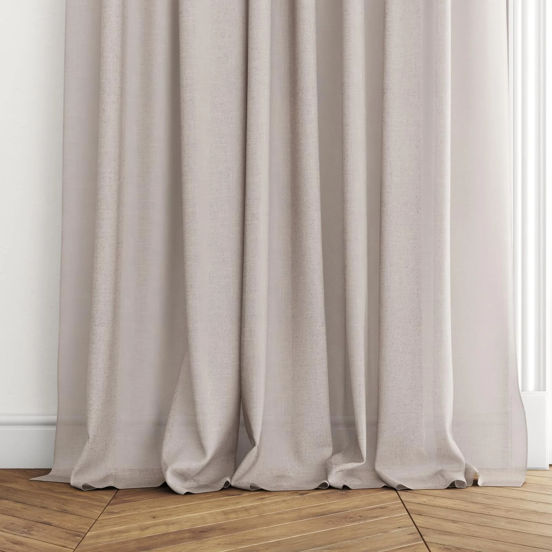 Bottom view of Uno Powder, puddled with pinch pleat, on curtain rod