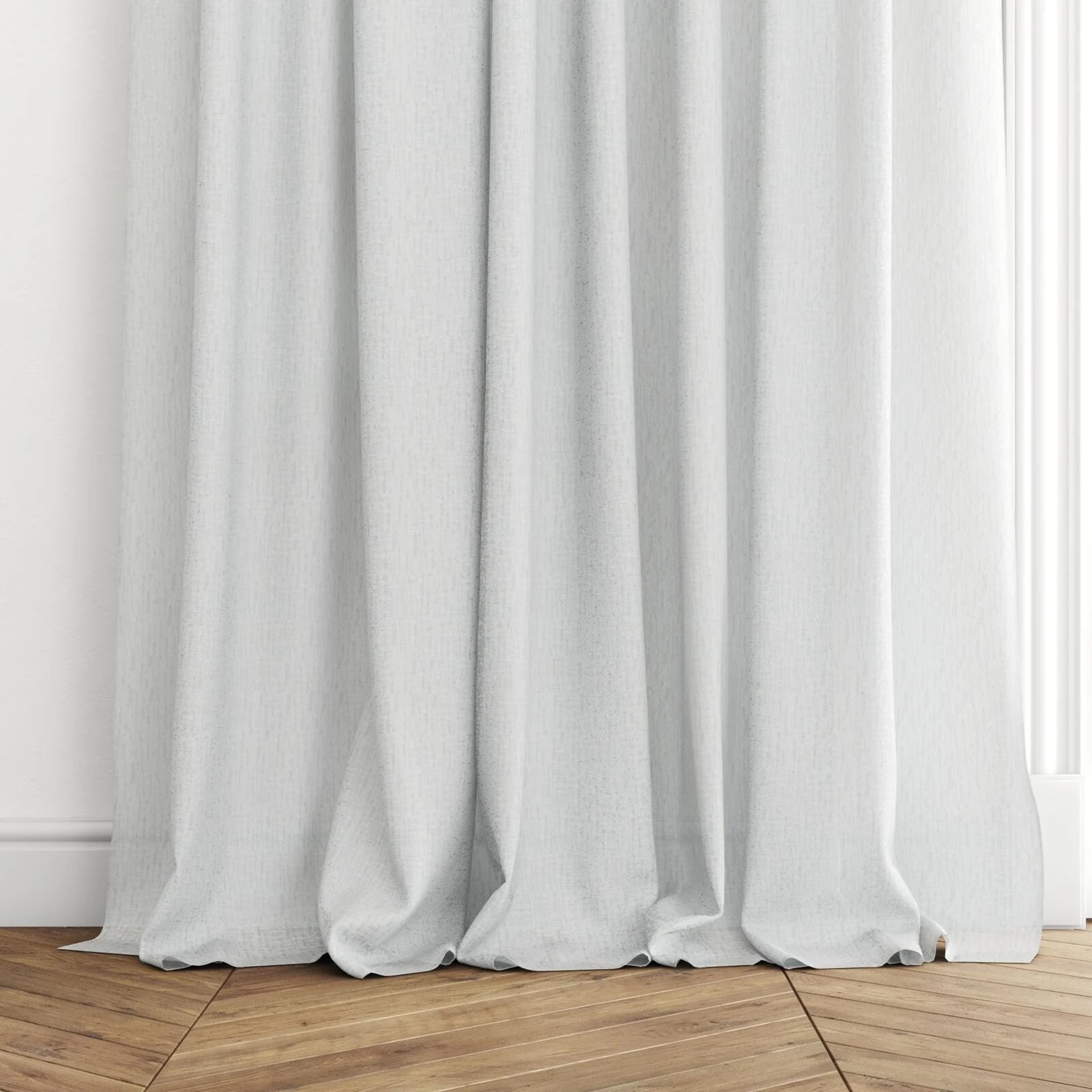 Bottom view of Shoji Mist 415, puddled with pinch pleat, on curtain rod