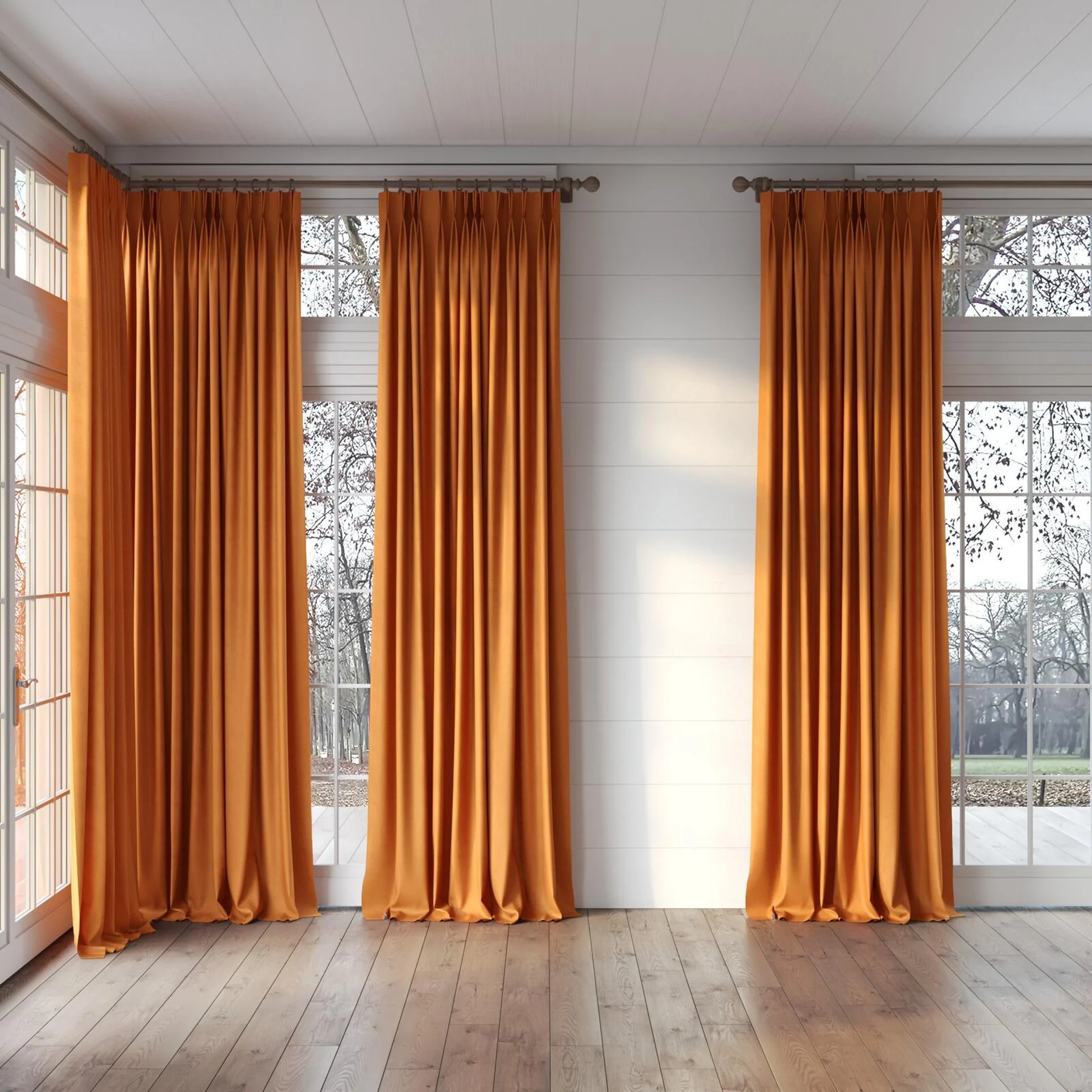 Full view of Liberate Mandarin, puddled, on curtain rod