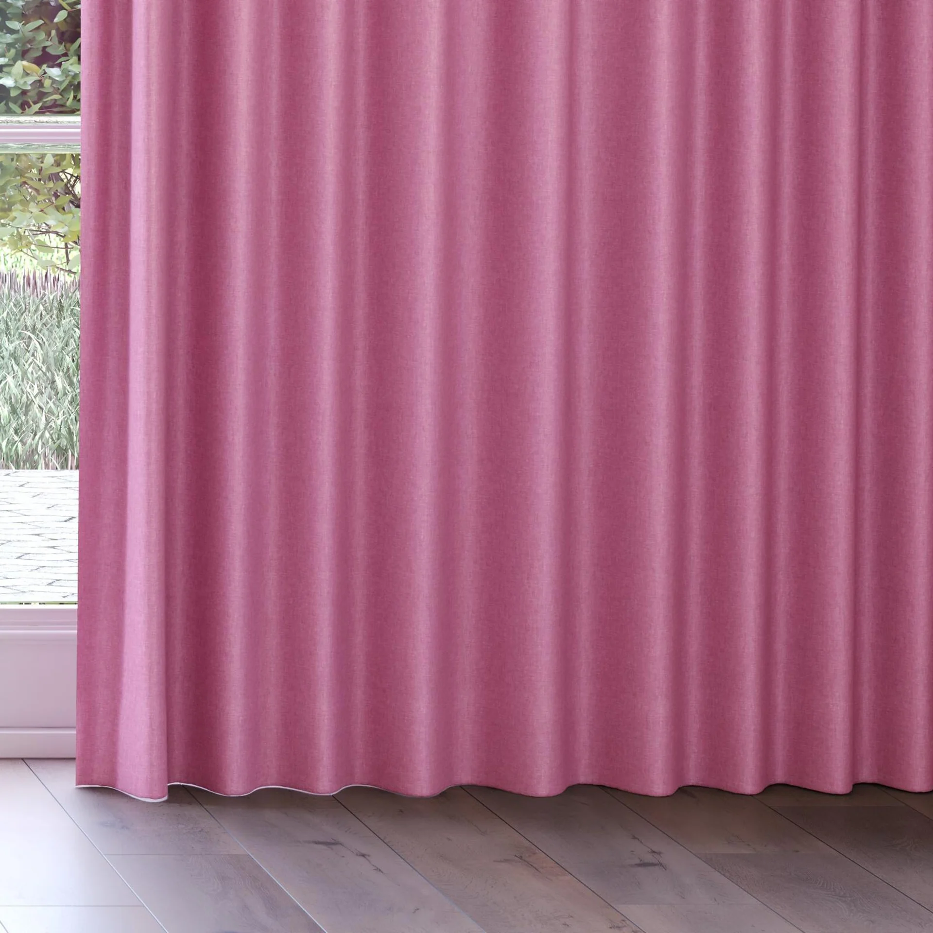 Bottom view of Hometown Fuchsia, on curtain rail