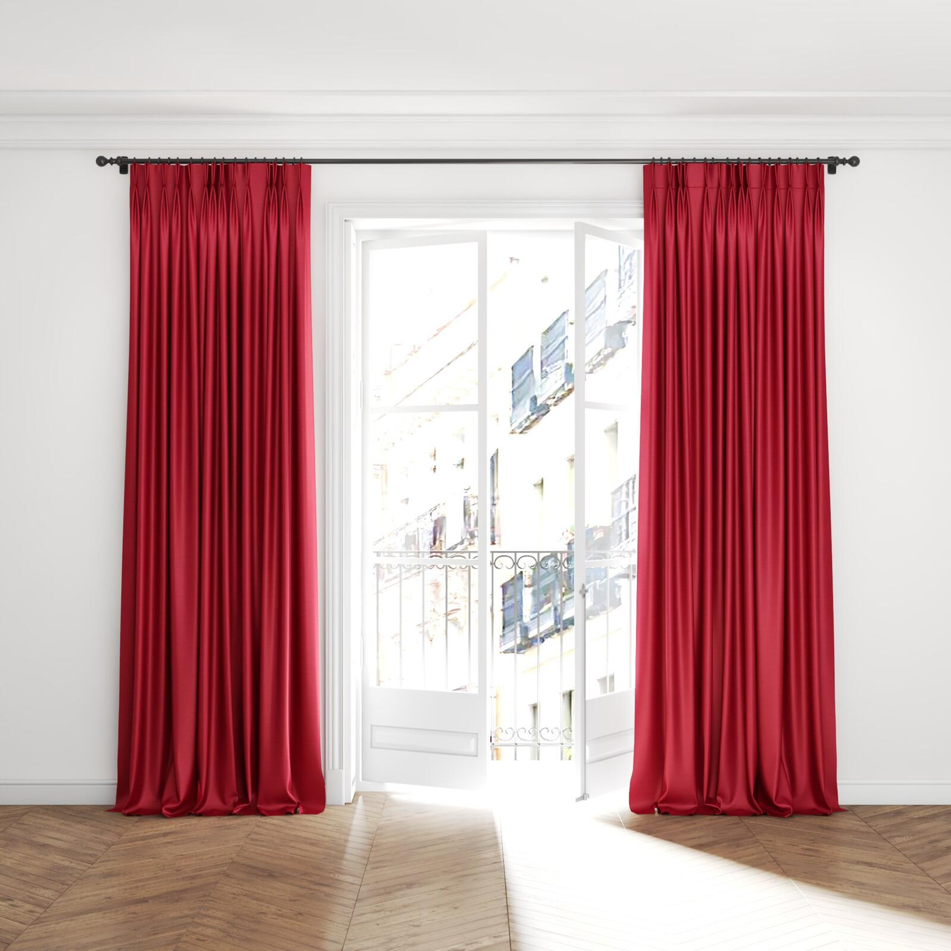 Full view of Silky Calypso, puddled with pinch pleat, on curtain rod