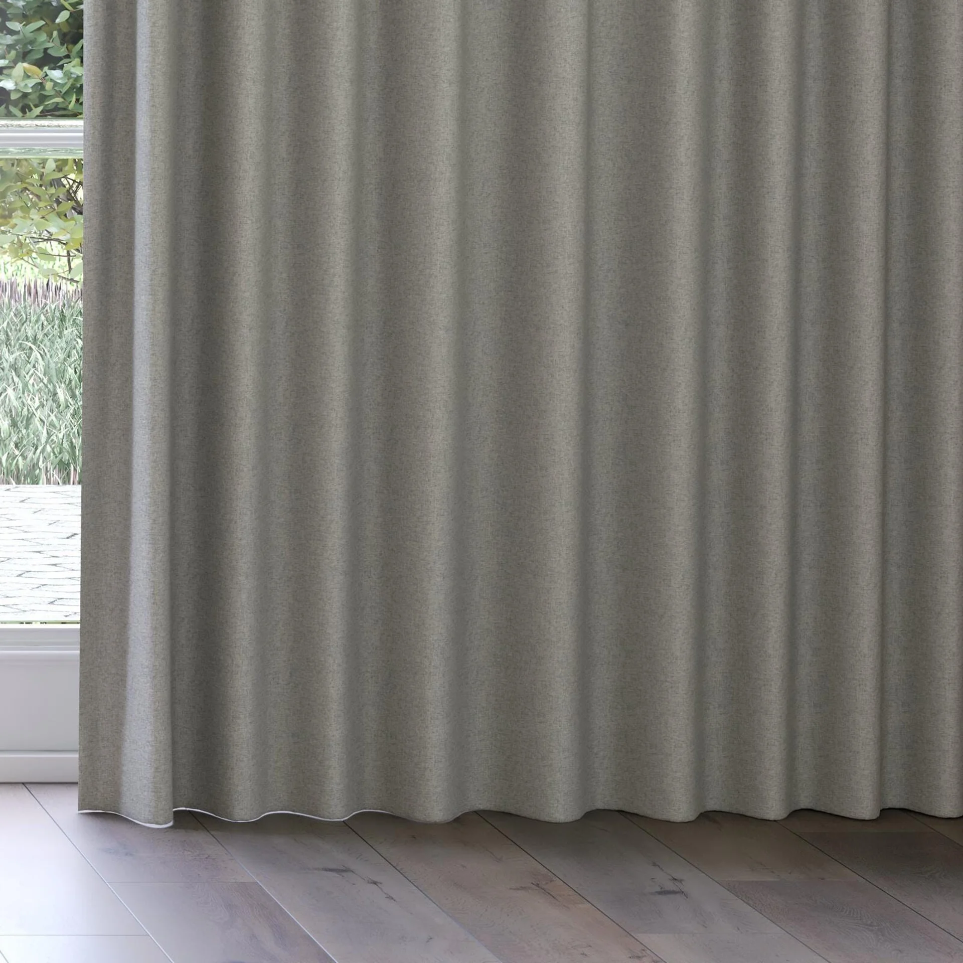 Bottom view of Retreat II Blue Charcoal, on curtain rail