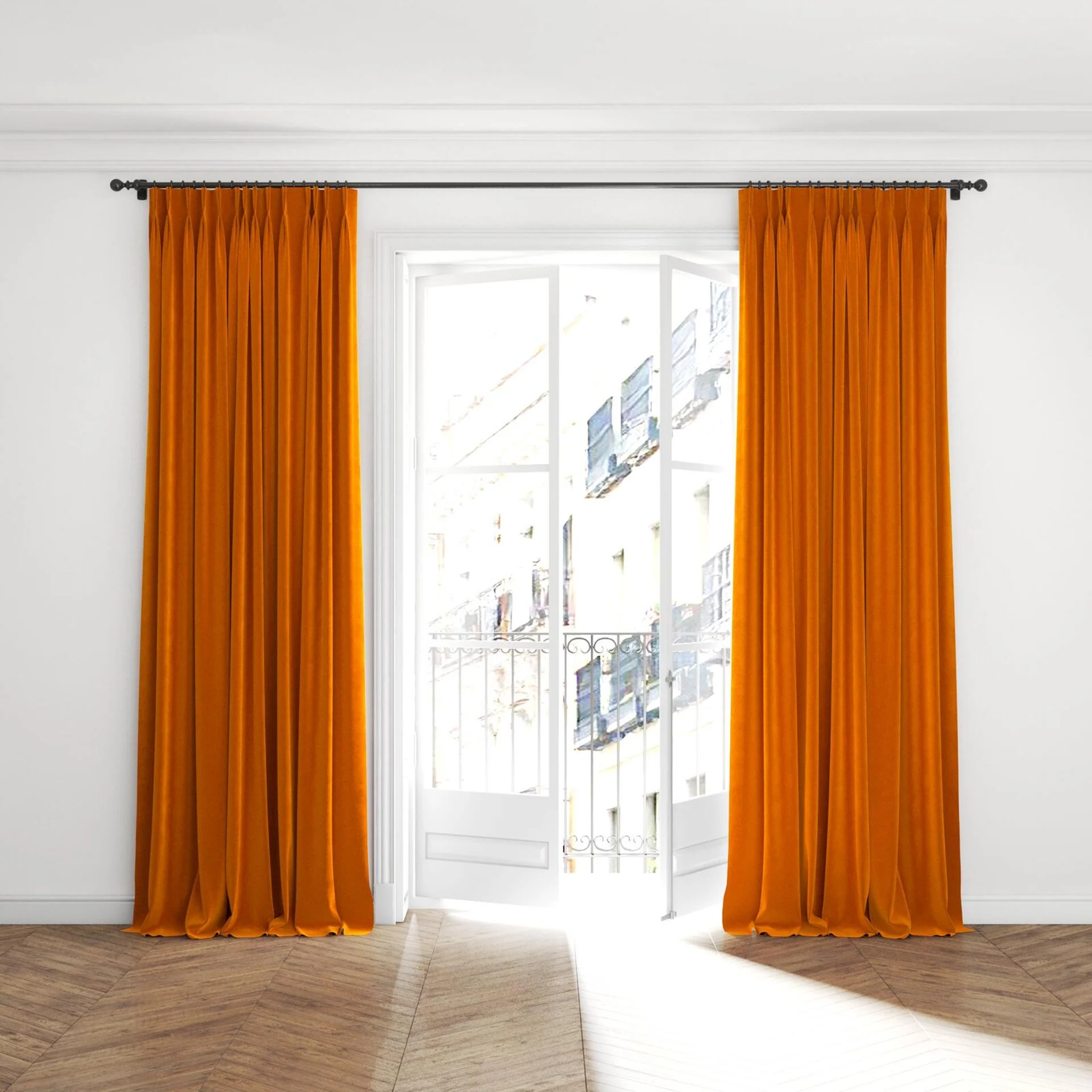 Full view of Verbier Spice, puddled with pinch pleat, on curtain rod