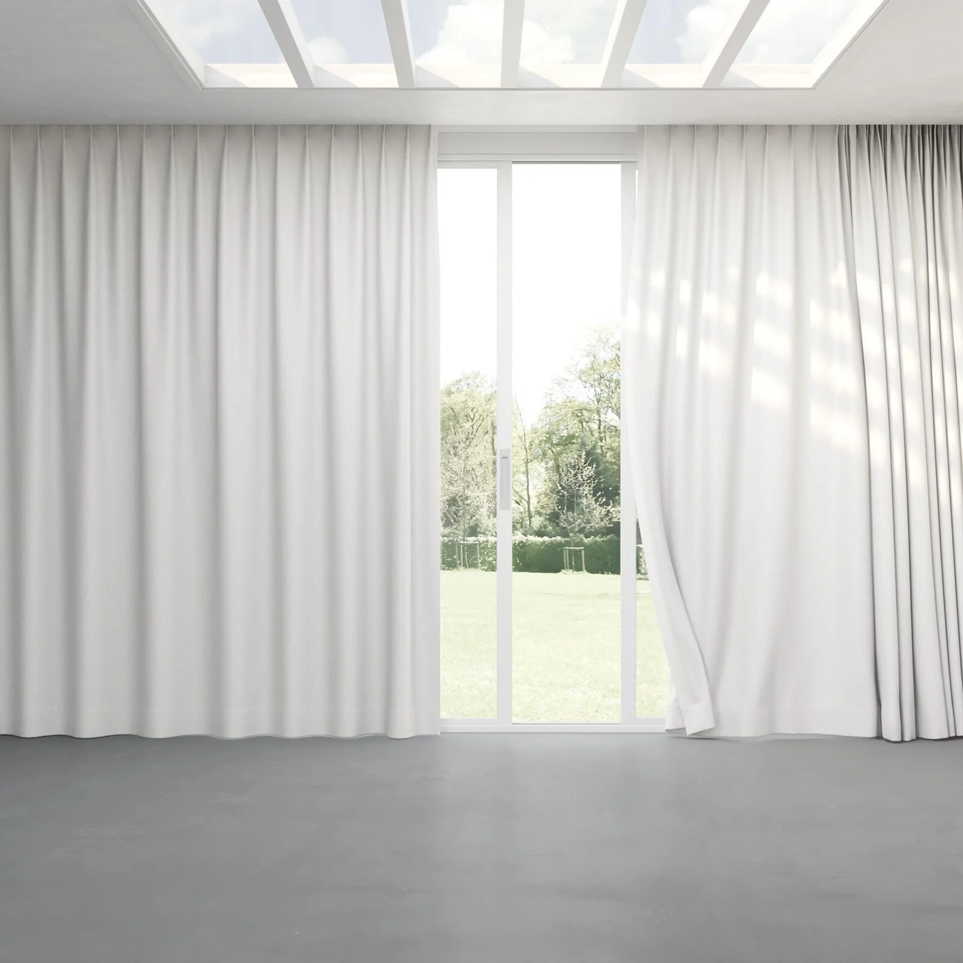 Full view of Retreat Blackout Pebble, pinch pleat