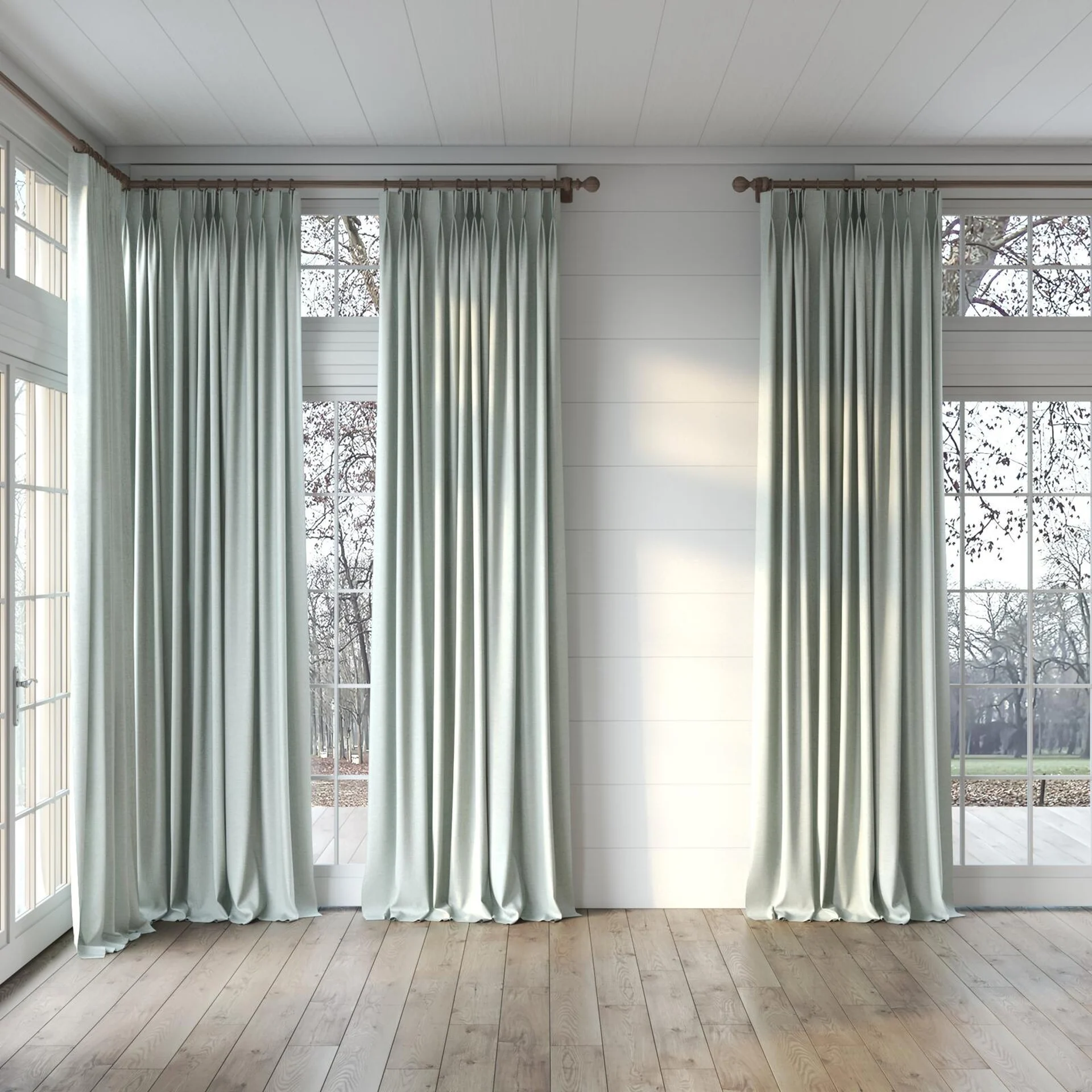 Full view of Casual Spring, puddled, on curtain rod