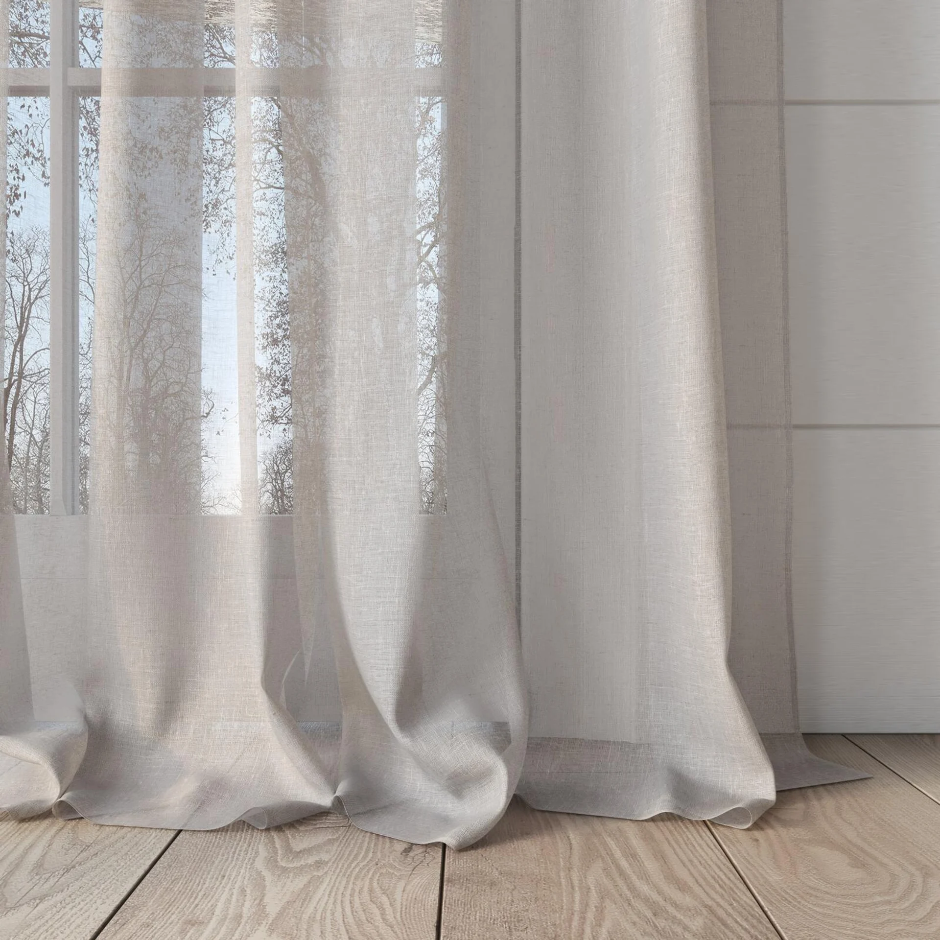 Bottom view of Graceful Linen, puddled, on curtain rod