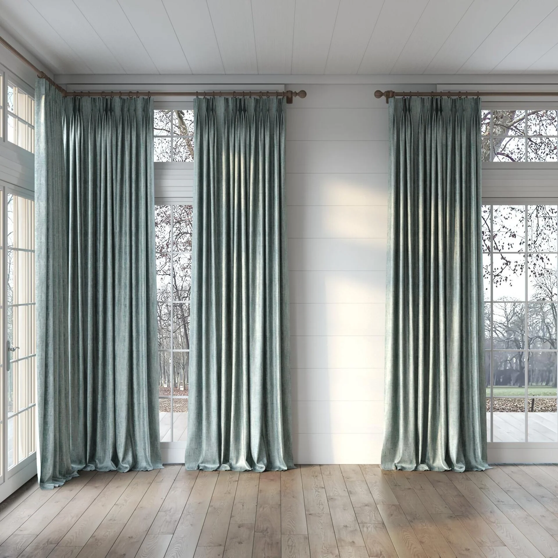 Full view of Nominee Emerald, puddled, on curtain rod
