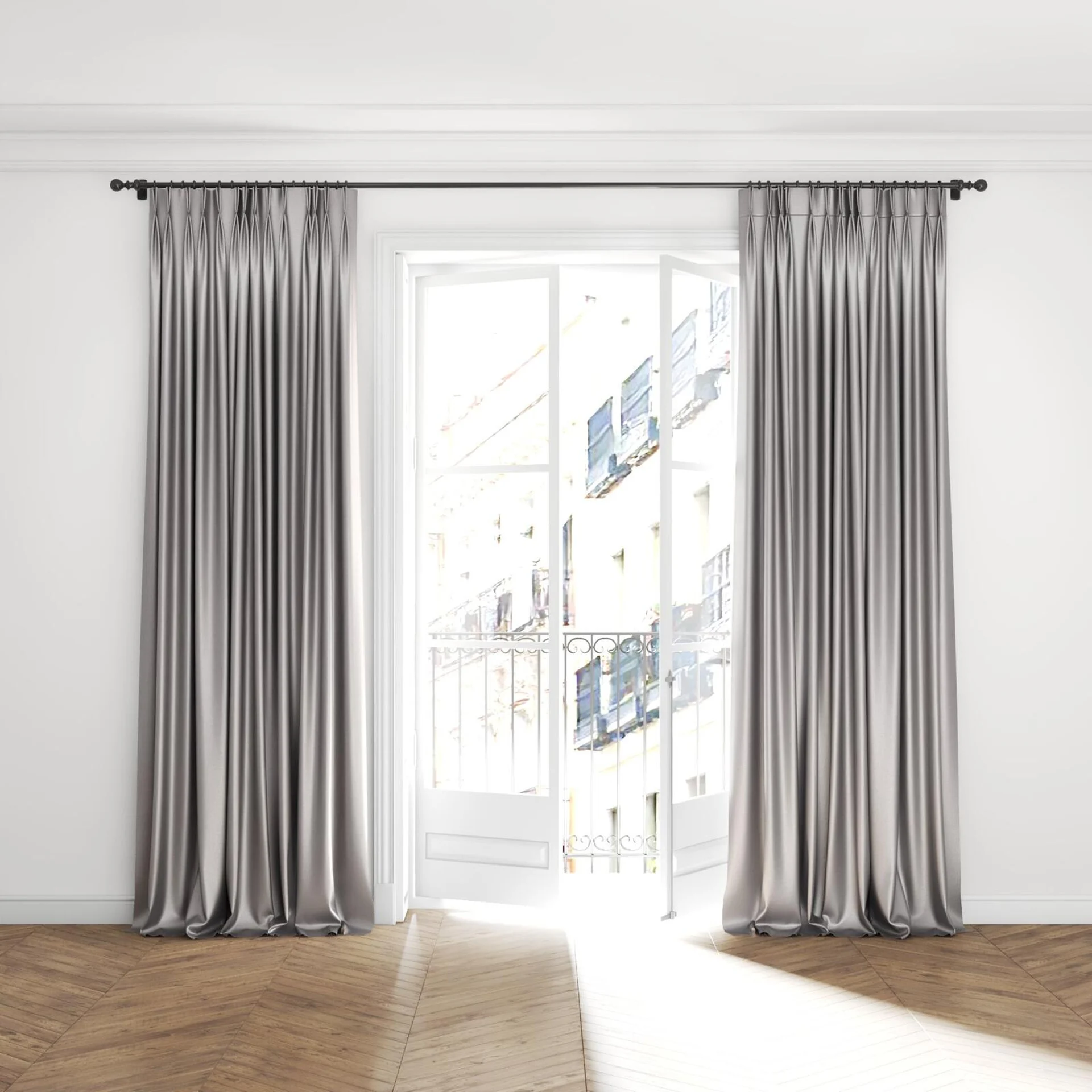 Full view of Consul Aluminium, puddled with pinch pleat, on curtain rod