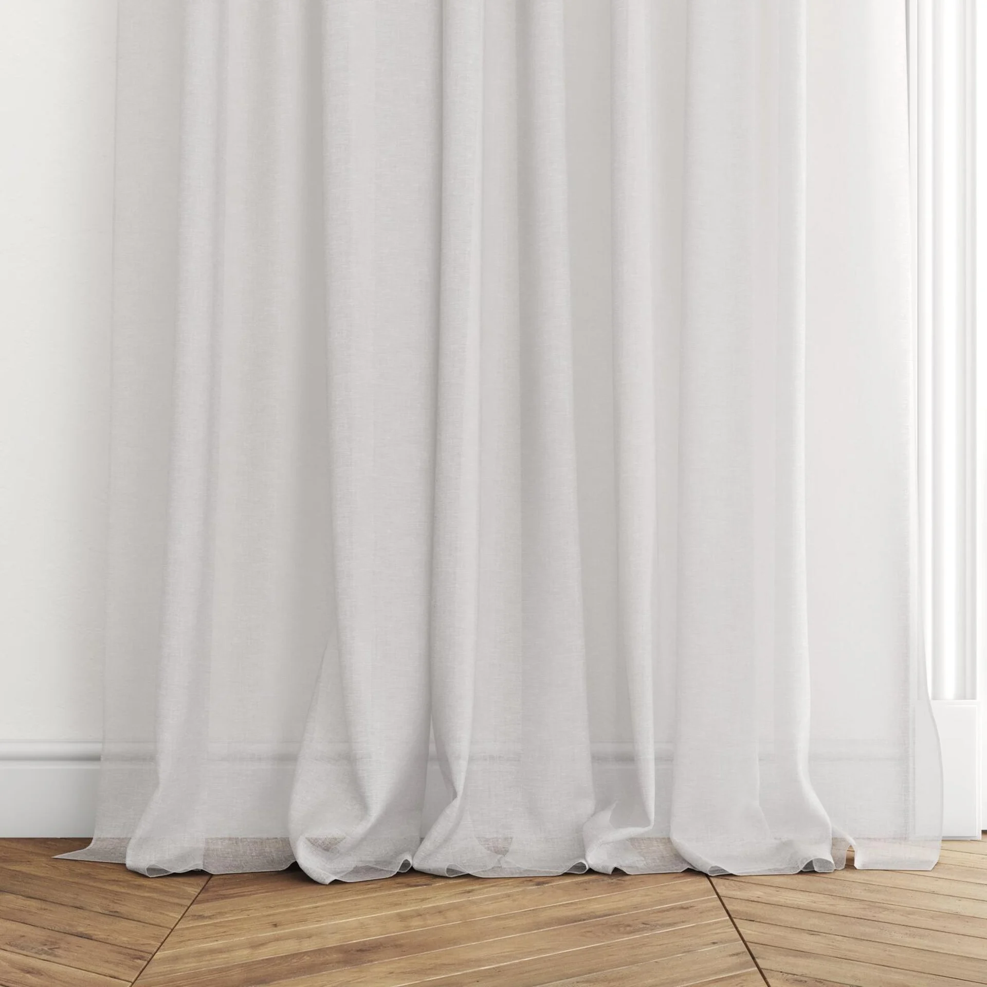 Bottom view of Elevate Winter, puddled with pinch pleat, on curtain rod