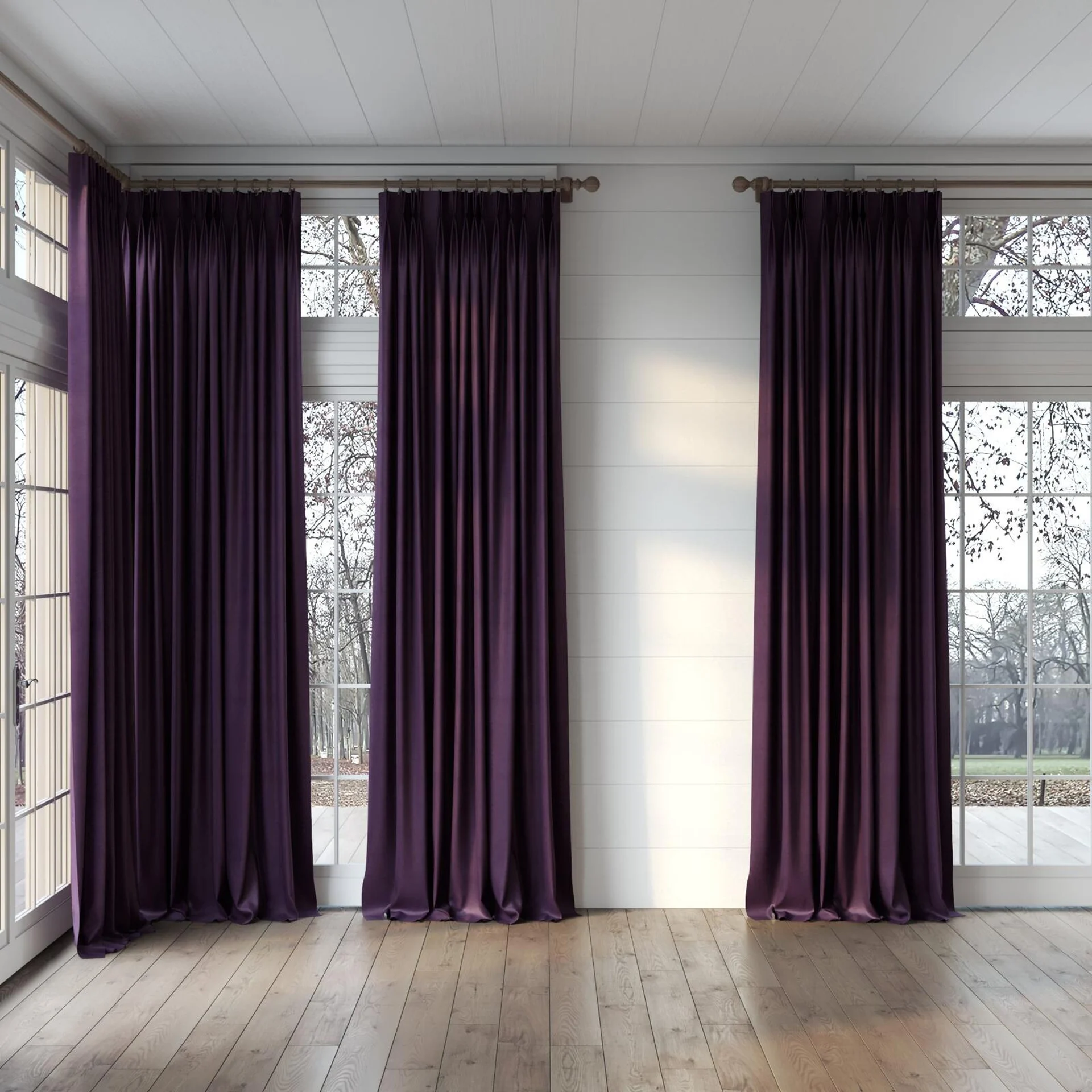 Full view of Baron Plum, puddled, on curtain rod