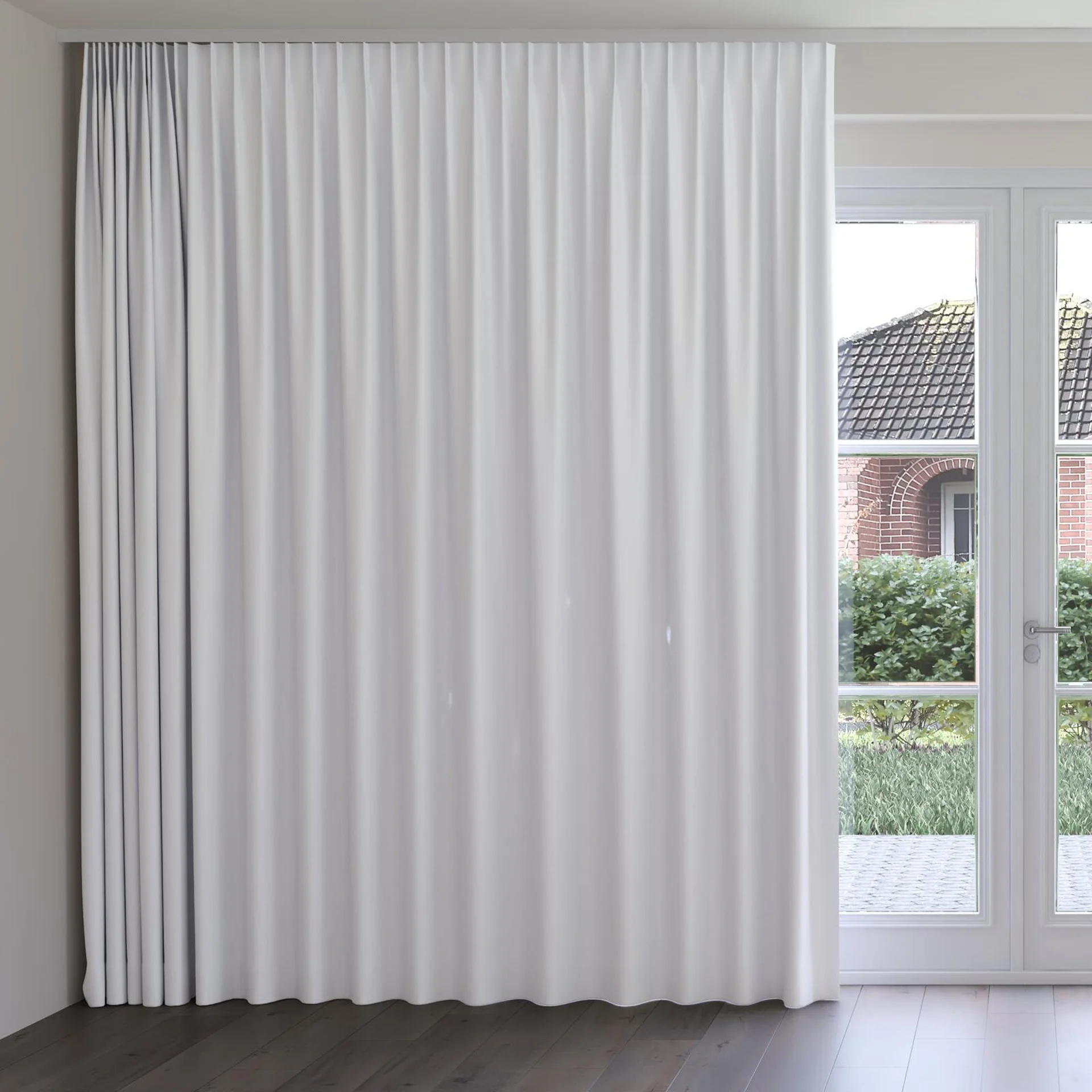 Front view of Kidglove Snow, on curtain rail