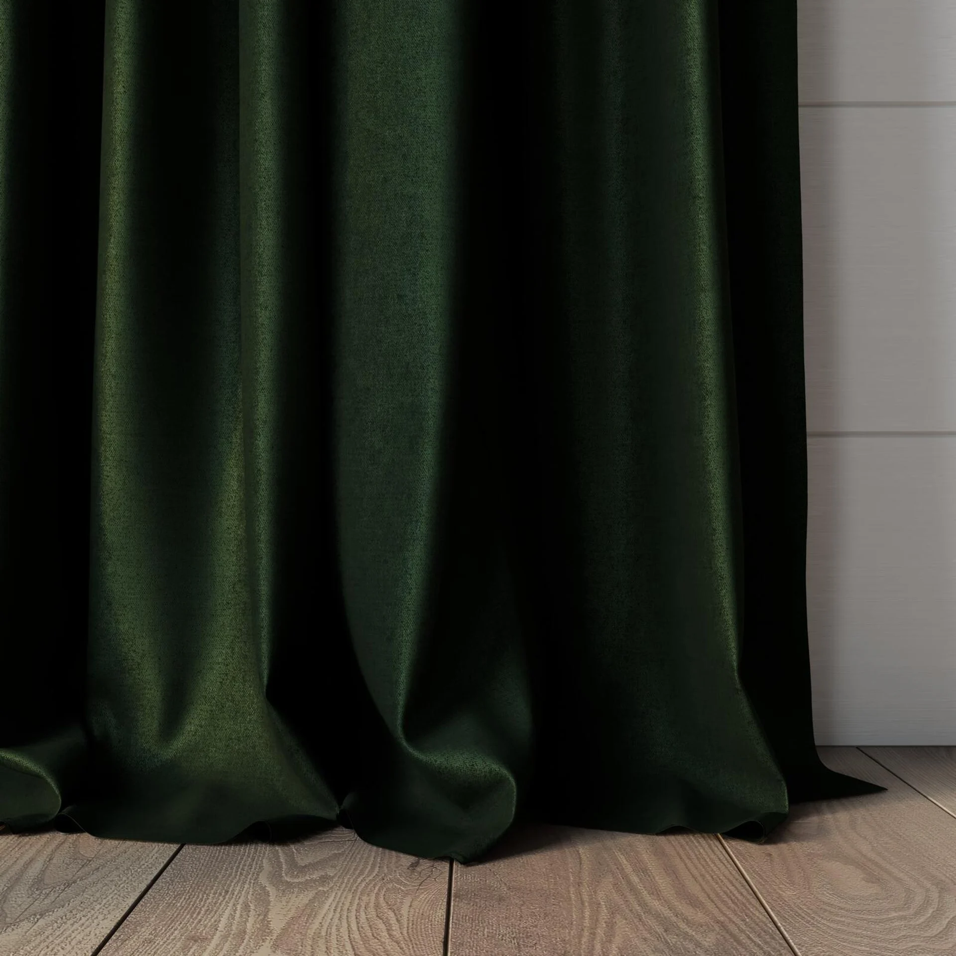 Bottom view of Drama Camouflage, puddled, on curtain rod