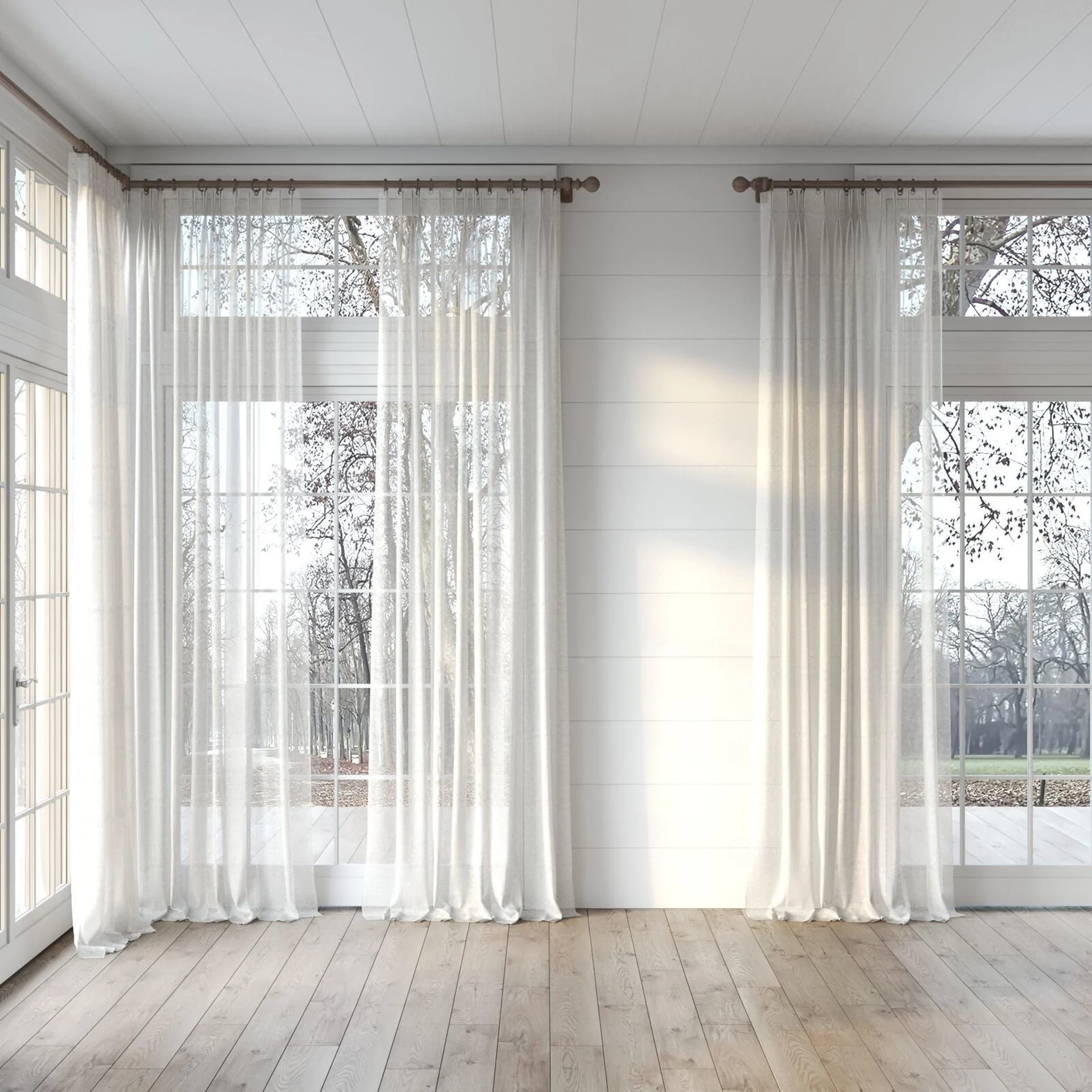 Full view of Lino Linen, puddled, on curtain rod